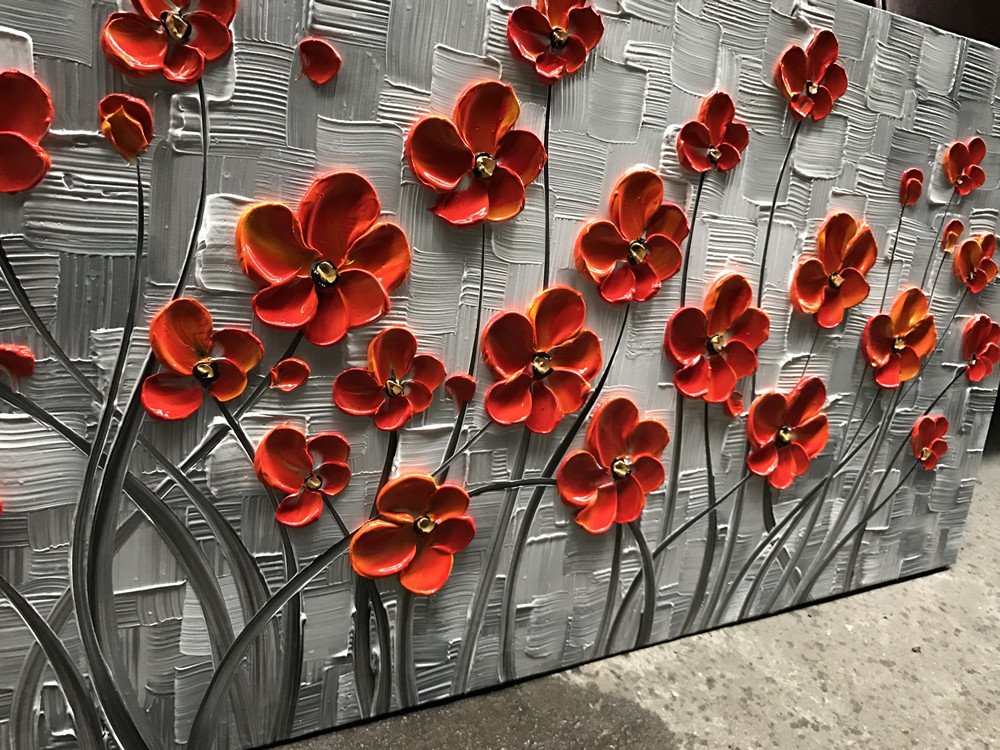 YaSheng Art - Hand-Painted 3D Oil Painting on Canvas, Red Flowers Modern Abstract Artwork, Stretched and Framed Ready to Hang (24x48 Inch) - Perfect for Living Room, Bedroom, Office & Home Decor Wall Art