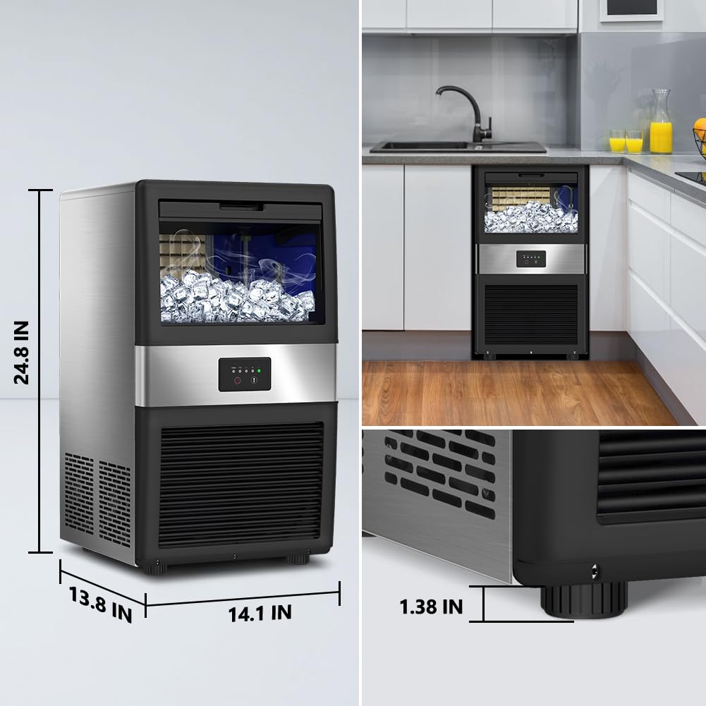 Commercial Ice Maker Machine 80LBS/24H with 18LBS Storage Bin - Stainless Steel Under Counter Large Ice Cube Maker - 2 Water Inlet Modes - Freestanding/Built-in Design for Bars, Restaurants, Home & Office Use - Perfect for Cocktails, Beverages & Commercial Kitchens