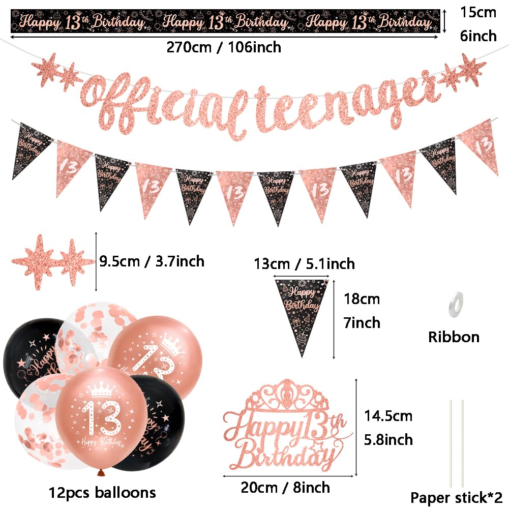 Black Rose Gold 13th Birthday Party Decorations Kit - 16-Piece Happy Birthday Banner & Bunting Set for Teen Girls | Perfect for Sweet 16, Quinceañera & Milestone Celebrations