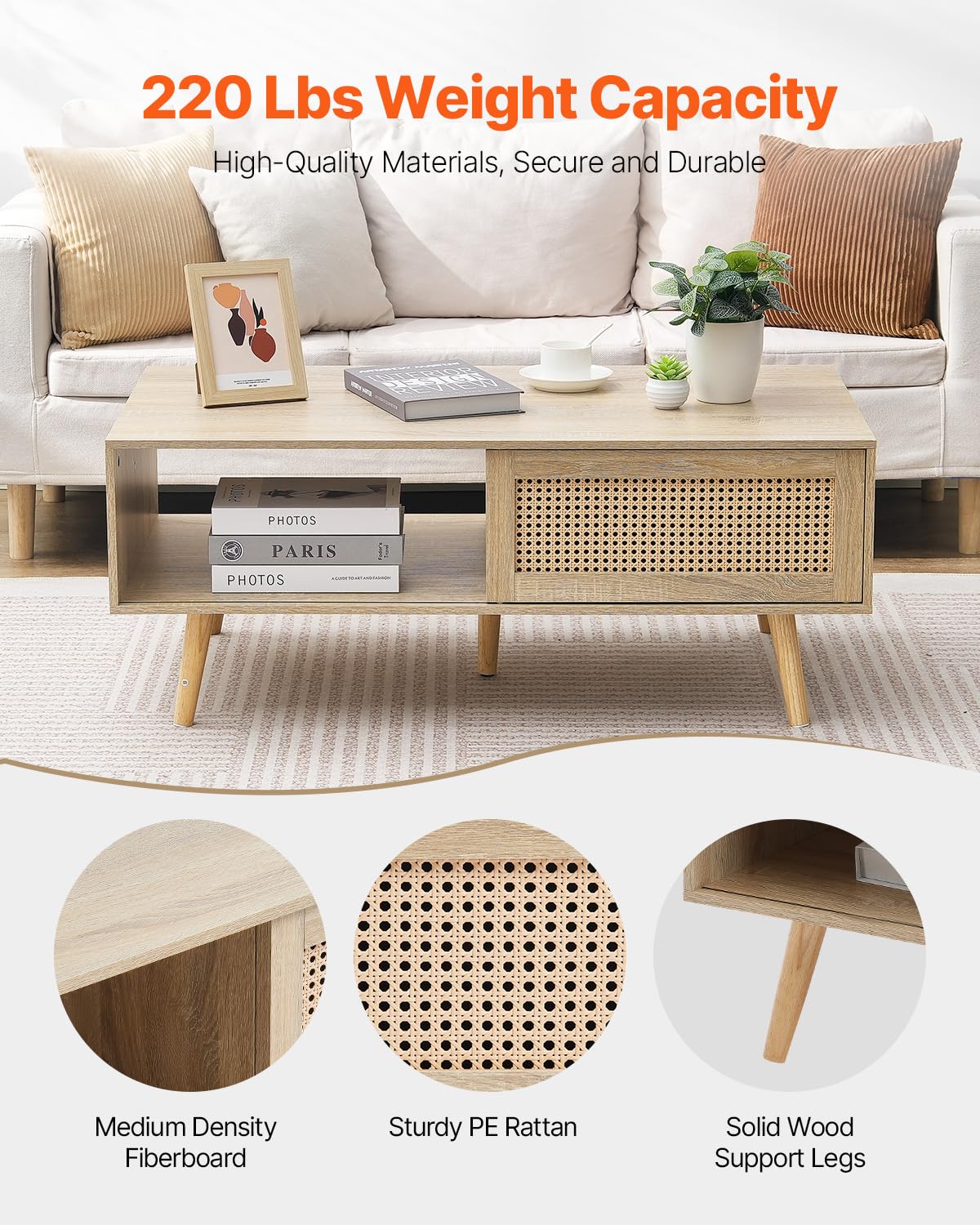 VEVOR 42 Inch Rattan Coffee Table - Mid Century Modern Rectangle Wood Table with Two-Tier Storage, Boho Style for Living Room, Bedroom & Small Spaces | Perfect for Home Decor, Lounge Areas & Compact Apartments