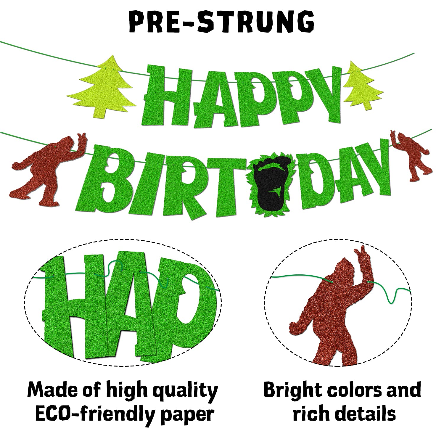 Happy Birthday Banner - Green Glitter Party Decor for Kids, Boys, Girls, Women & Men | Baby Shower Supplies | Sparkly Celebration Decorations for Birthdays, Showers & Special Events