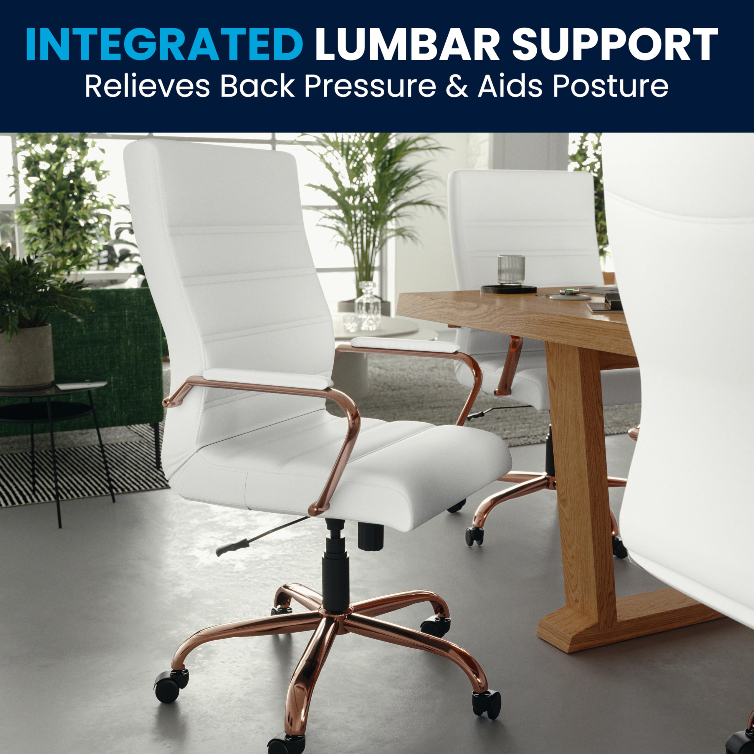 Premium White LeatherSoft High Back Executive Office Chair with Rose Gold Frame - Ergonomic Swivel Arm Chair for Home & Office Workspaces