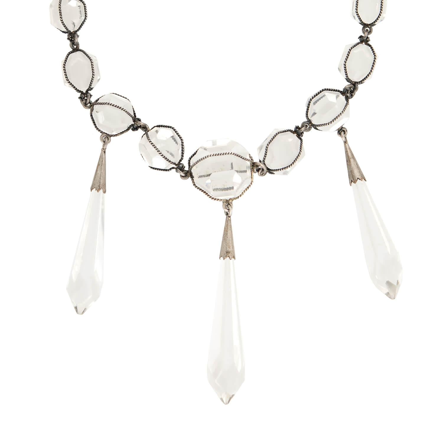 Art Deco Sterling Silver Rock Quartz Crystal Caged Festoon Necklace - Vintage Style Statement Jewelry for Women - Perfect for Evening Parties, Weddings & Special Occasions