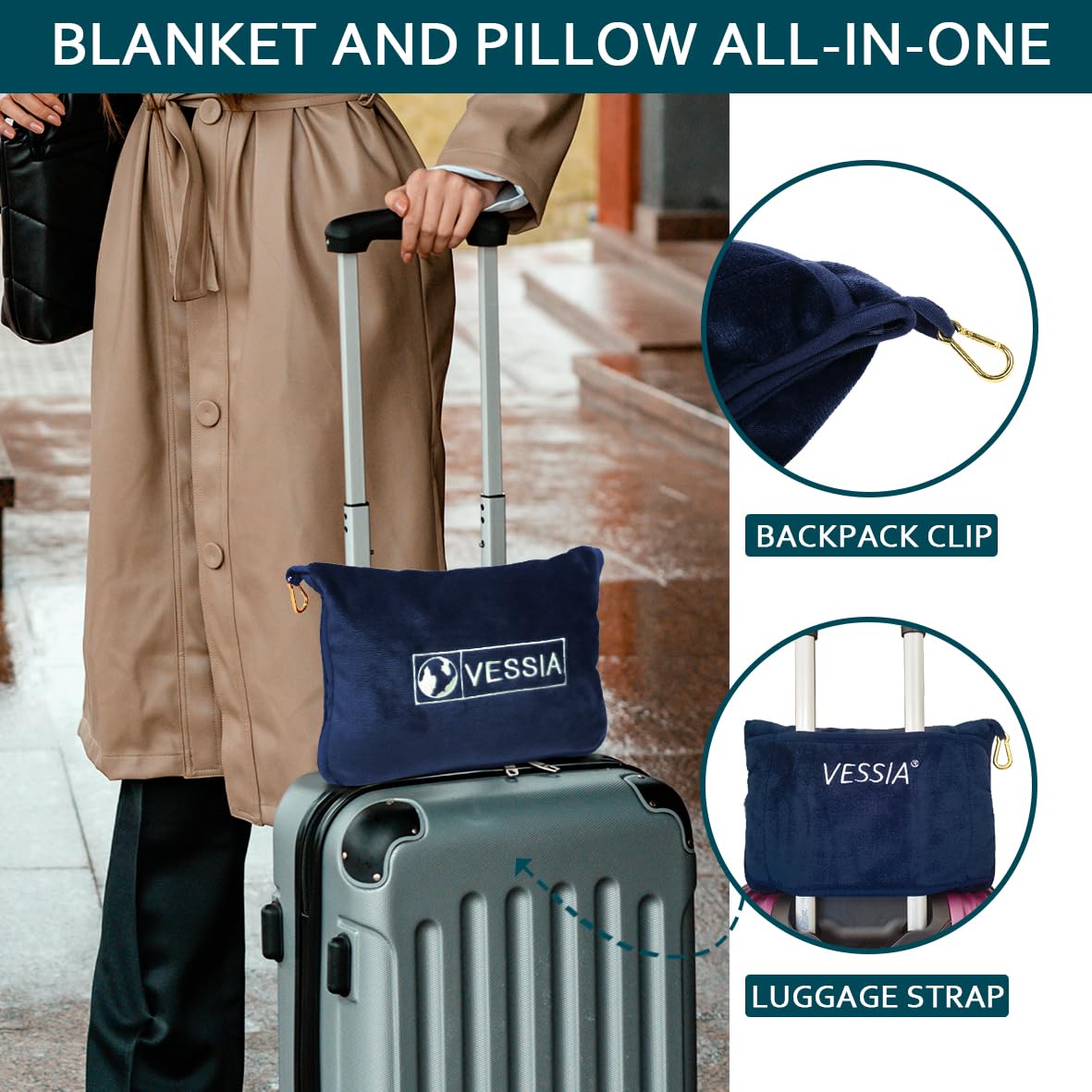 Vessia Travel Blanket - Soft & Warm Airplane Blanket for Adults & Kids | Compact Portable Flight Blanket with Storage Bag, Luggage Sleeve & Backpack Clip | Perfect for Air Travel, Road Trips & Camping (Navy Blue)