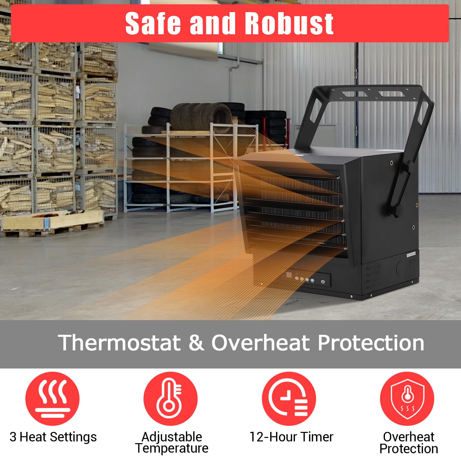 5000W Electric Garage Heater with Thermostat - 240V Ceiling Mount Shop Heater with Digital Display, 12-Hour Timer & Overheat Protection - Ideal for Workshop, Warehouse & Home Garage Heating (Black)