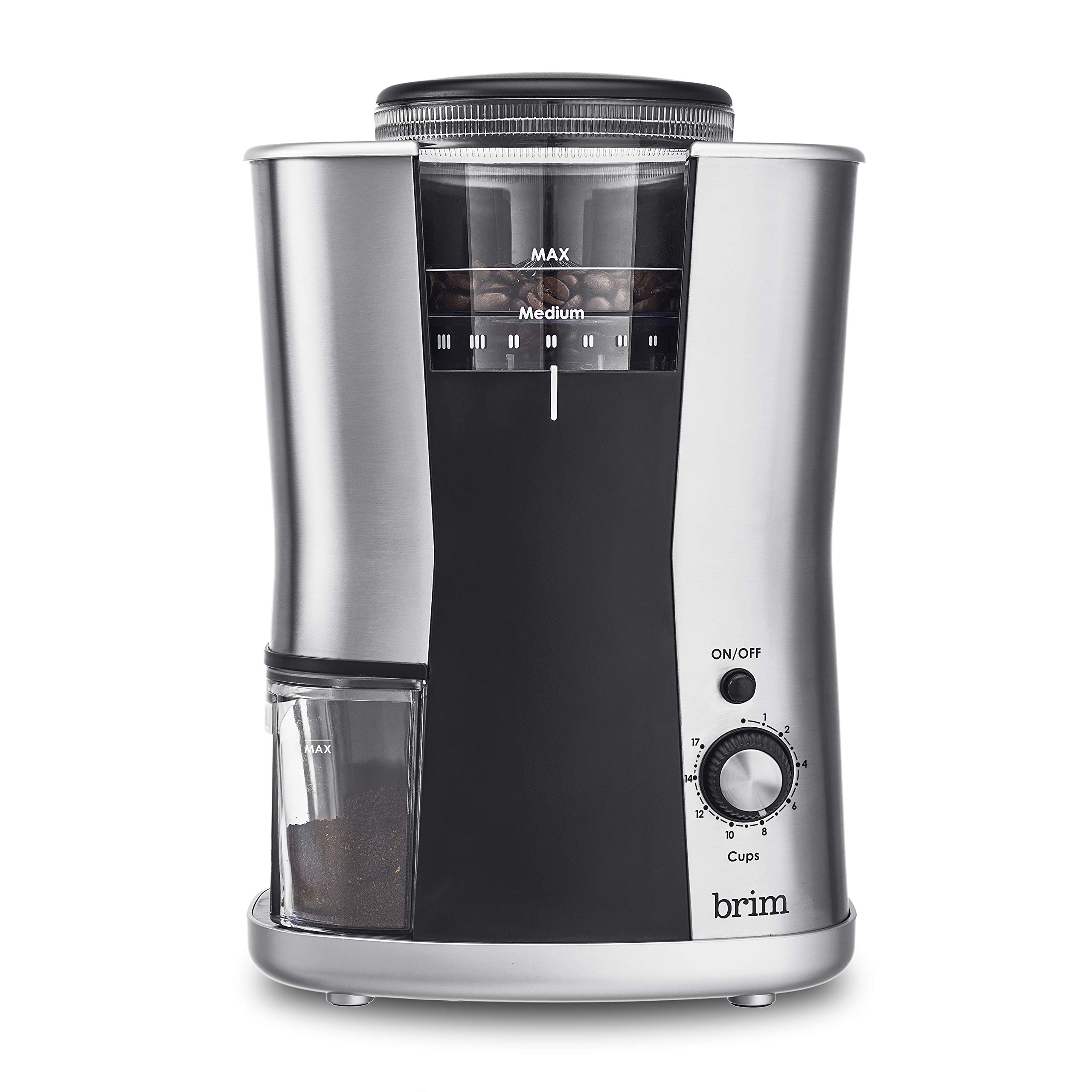 Premium BRIM Conical Burr Coffee Grinder - 17 Precise Grind Settings for Espresso to French Press, Removable Bean Hopper & Auto Shut-Off, Stainless Steel/Black - Perfect for Home Baristas & Coffee Enthusiasts