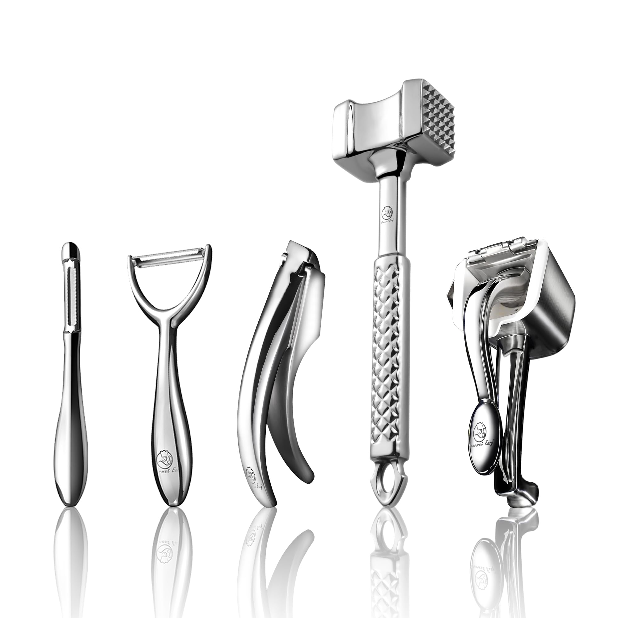 Premium 5-in-1 Stainless Steel Kitchen Tool Set - Garlic Press, Meat Tenderizer, Citrus Juicer, Vegetable Peeler with 5-Year Warranty | Perfect for Home Cooking, Meal Prep & Professional Chefs