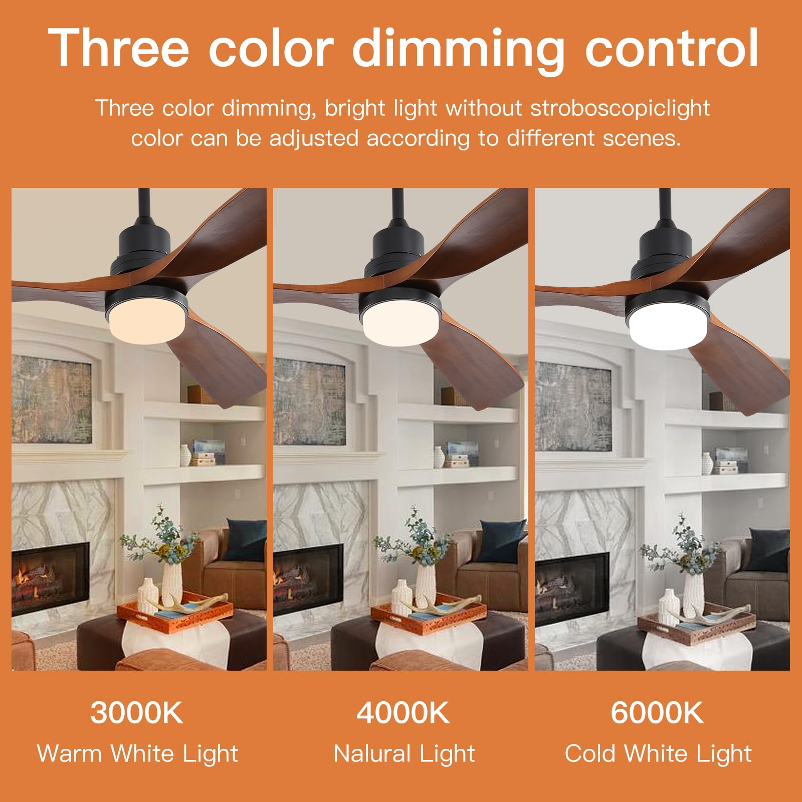 52 Inch Walnut Ceiling Fan with Light and Remote Control - 3 Wooden Blades, Dimmable 3-Color LED Light, 6-Speed DC Reversible Silent Motor for Living Room, Bedroom, and Office