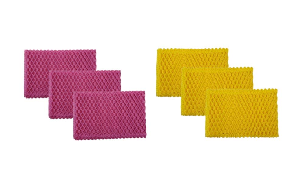 Kuwish Dish Washing Net Scrubber - 11x11 Inch Reusable Kitchen Scouring Pads (6-Pack, Yellow/Pink) - Perfect for Pots, Pans, Dishes & Non-Stick Cookware Cleaning