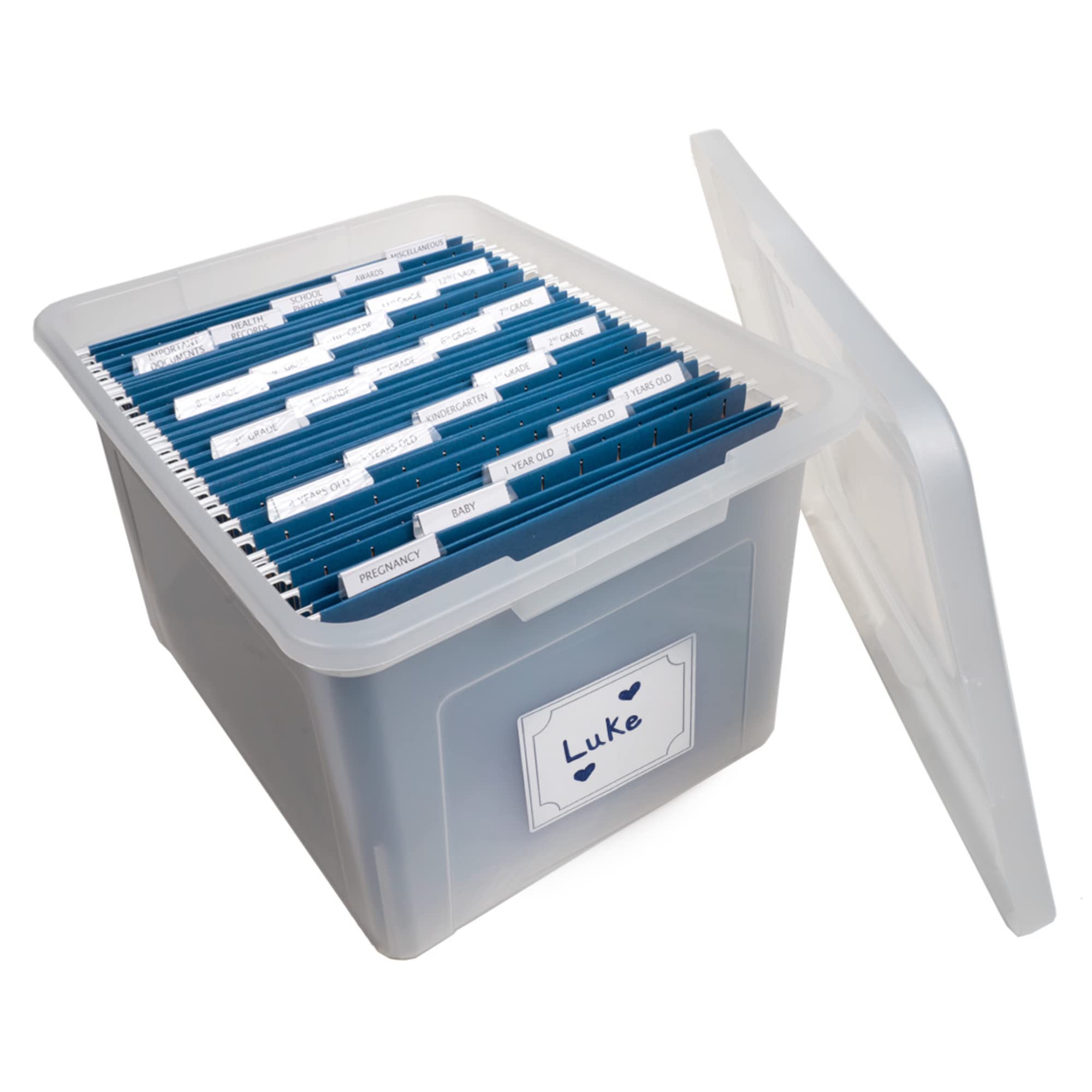 Kids Craft Memory Keepsake Organizer Box - Clear Storage Latching Bin with Hanging File Folders & Custom Tab Inserts (Navy) | Perfect for School Projects, Artwork Storage & Memory Preservation