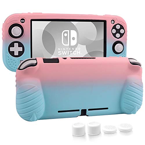Nintendo Switch Lite Silicone Grip Case with Ergonomic Handles & Stand - Includes 2 Sets of Thumb Stick Caps (Pink & Blue) - Perfect for Gaming Comfort and Travel Protection