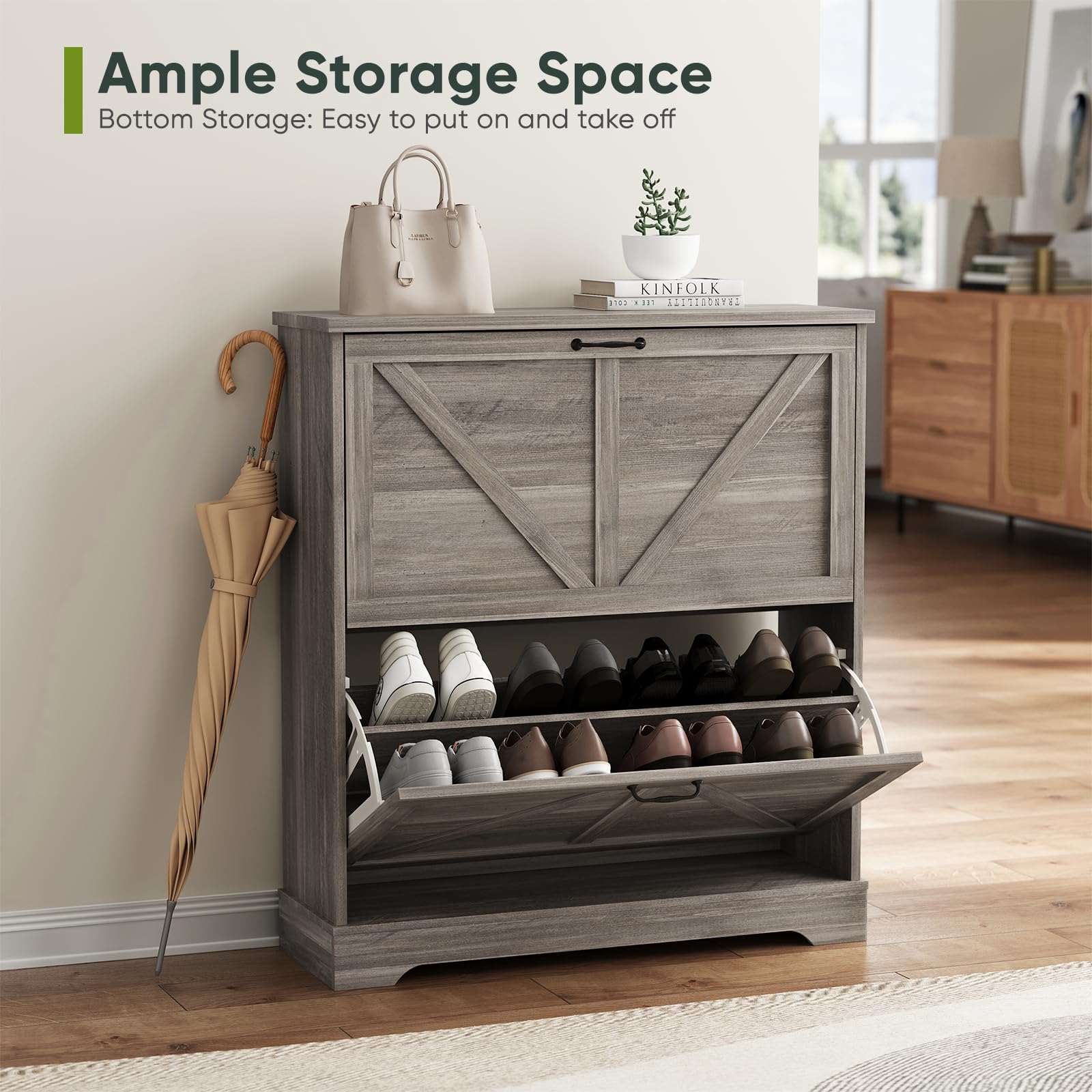 Farmhouse Shoe Cabinet with 2 Flip Drawers - Slim Entryway Storage for Shoes & Boots
