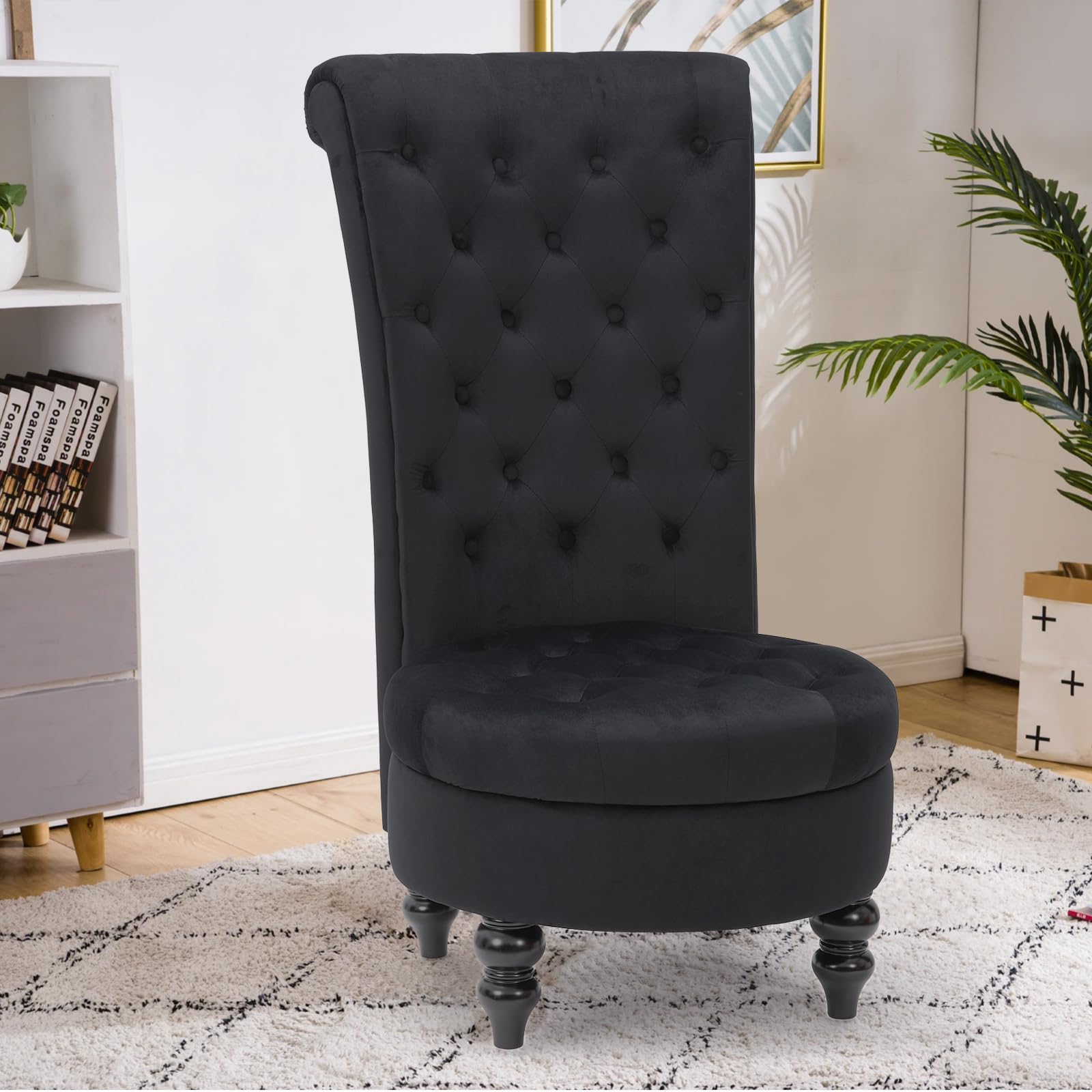 ECOTOUGE Retro High Back Accent Chair - Armless Throne Style with Button-Tufted Design for Living Room, Bedroom or Office - Elegant Black Upholstered Seating for Home Decor
