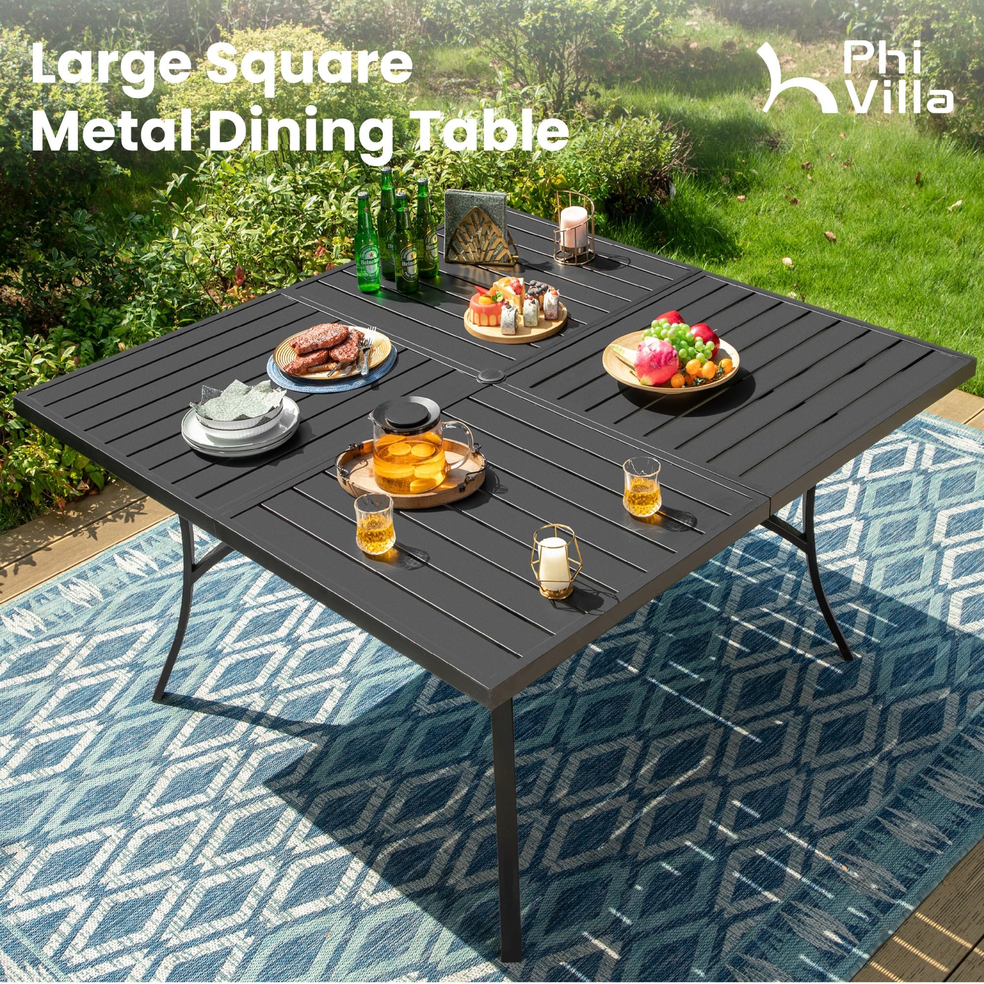 PHI VILLA 9-Piece Outdoor Patio Dining Set - Large Square Metal Table with 8 Swivel Chairs, Gray Weather-Resistant Furniture for Backyard, Garden & Poolside (Seats 8) | Perfect for Outdoor Entertaining & Family Gatherings