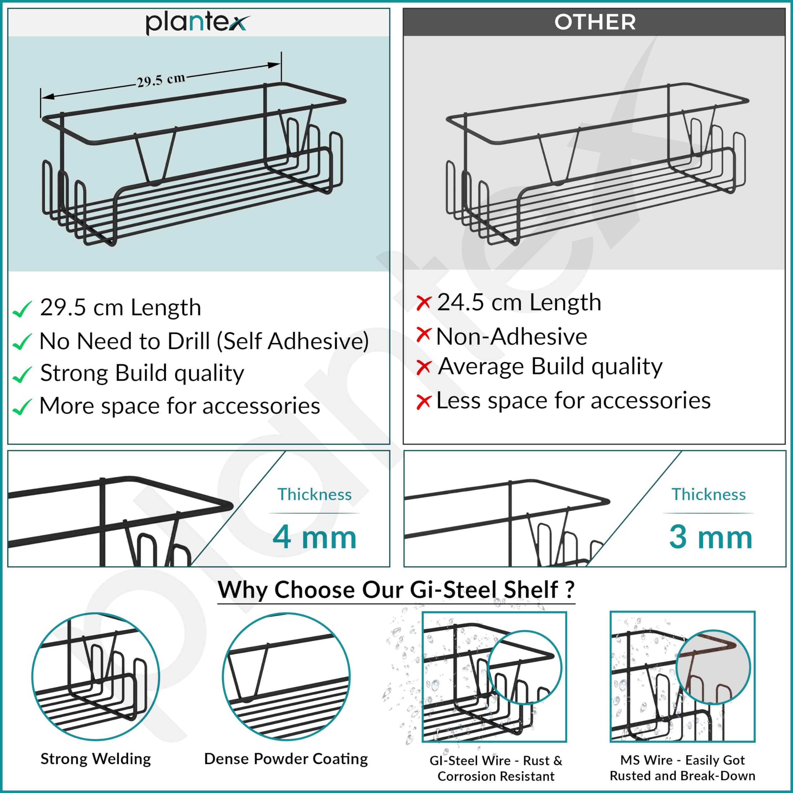 Plantex GI Steel Bathroom Shelf with Self-Adhesive Mounting, No Drilling Needed - Includes Side Hooks & Magic Stickers, Powder Coated Black (4-Pack) - Perfect for Small Bathrooms, Showers & Apartments