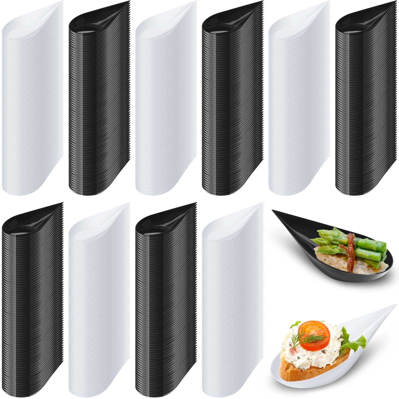 800 Pcs 4'' Disposable Plastic Tear Drop Mini Appetizer Spoons & Plates Set - White & Black for Wine Tasting, Party Serving, Catering Events, and Dessert Sampling