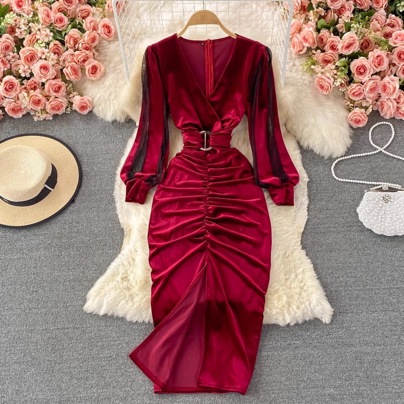 Sexy V-Neck Velvet Slit Dress for Women - Elegant Winter & Fall Evening Gown for Parties, Date Nights & Special Occasions