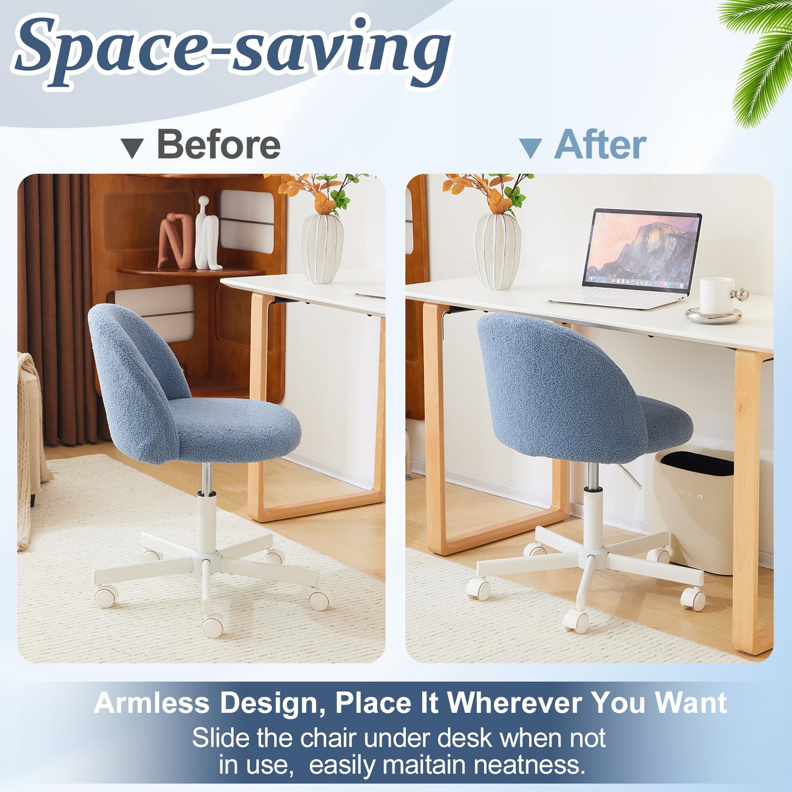 VINGLI Armless Cute Desk Chair with Wheels - Comfortable Small Office Chair, Adjustable Swivel Vanity Chair with Lumbar Support, Rolling Computer Task Chair for Home Office & Bedroom (Fog Blue) - Perfect for Gaming, Studying, and Workspace Ergonomics