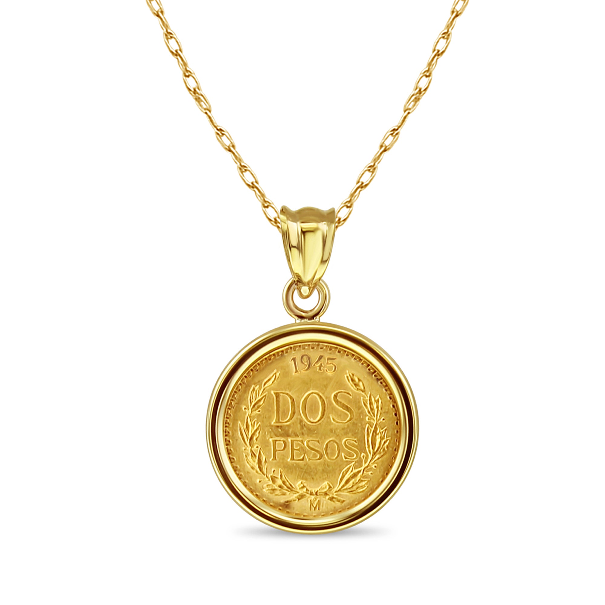 Vintage 1945 Dos Pesos Mexican Gold Coin Pendant - 14K Yellow Gold Bezel Necklace for Men & Women | Perfect for Gifts, Collectors, and Everyday Jewelry Wear