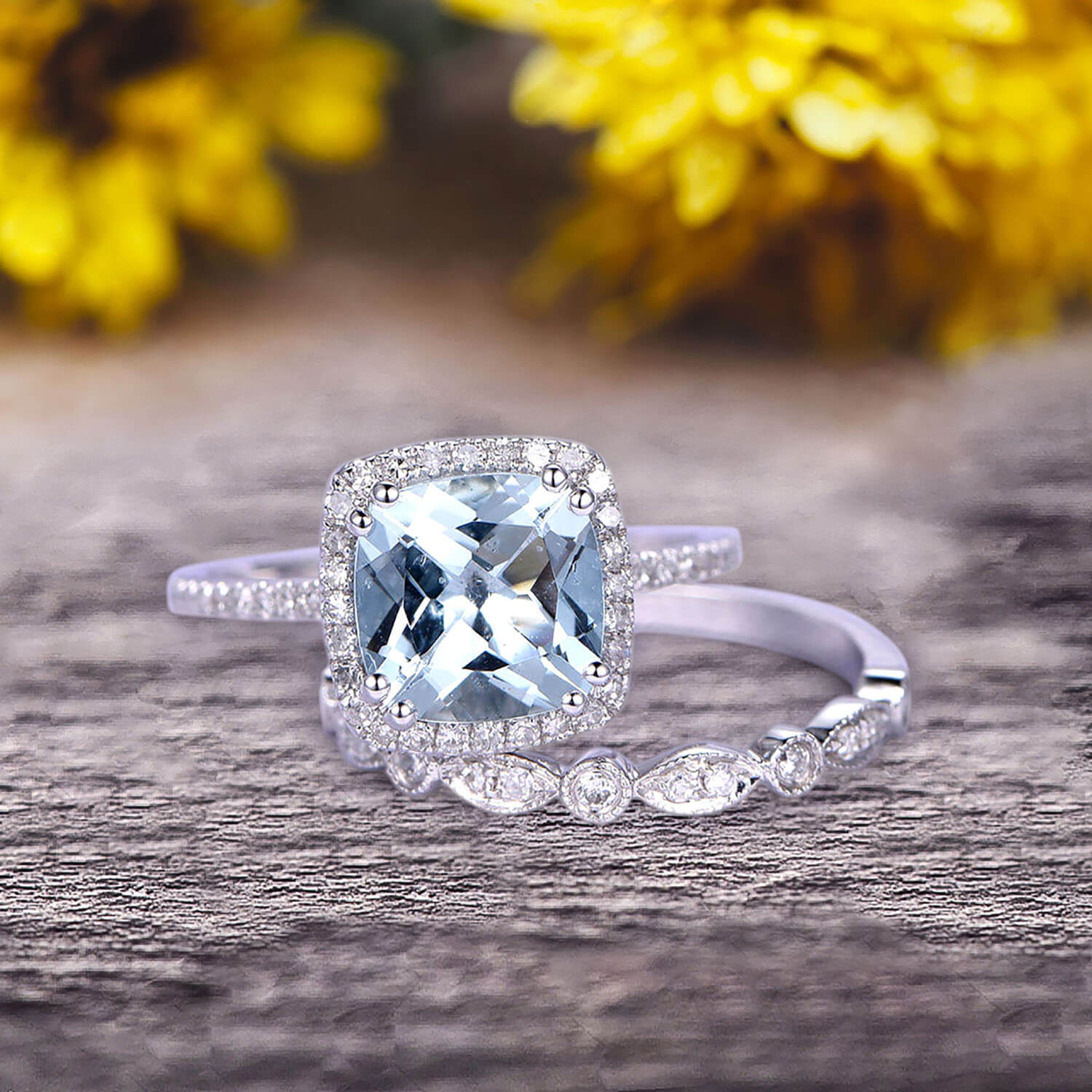 1.75 Carat Cushion Cut Vintage Aquamarine Engagement Ring with Wedding Band in 10K White Gold - Perfect for Bridal Sets, Anniversary Gifts & Special Occasions