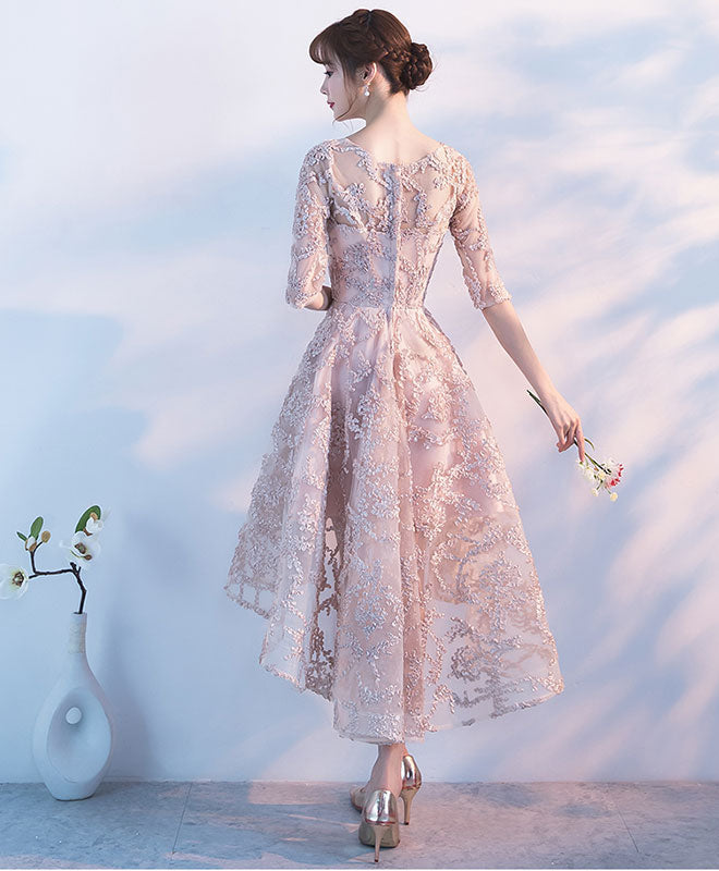 Elegant Champagne High Low Prom Dress with 1/2 Sleeves - Perfect for Homecoming, Party & Special Occasions