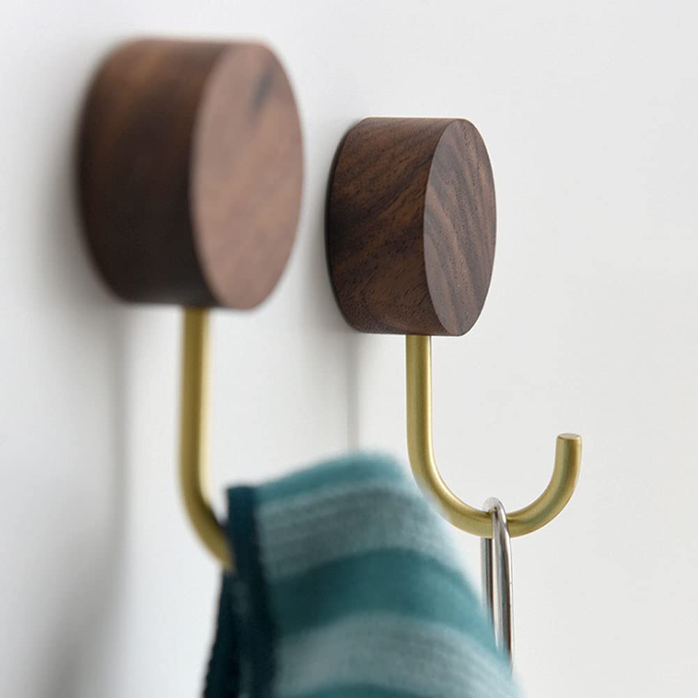 Lanebudd Set of 2 Round Black Walnut Brass Wall Hooks - Decorative Wooden Coat Hooks with Retro Copper Finish - Perfect for Entryway, Bedroom & Bathroom Organization