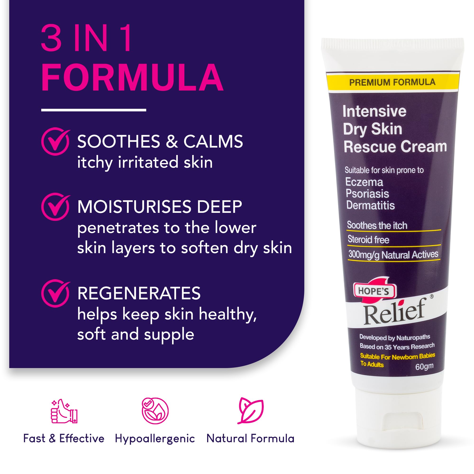 Hope's Relief Natural Intensive Dry Skin Cream - 6 Pack Bundle for Face, Hands & Body | Eczema, Psoriasis & Dermatitis Treatment | Moisturizer for Dry, Itchy & Irritated Skin | 60g Each | Perfect for Daily Hydration & Sensitive Skin Care
