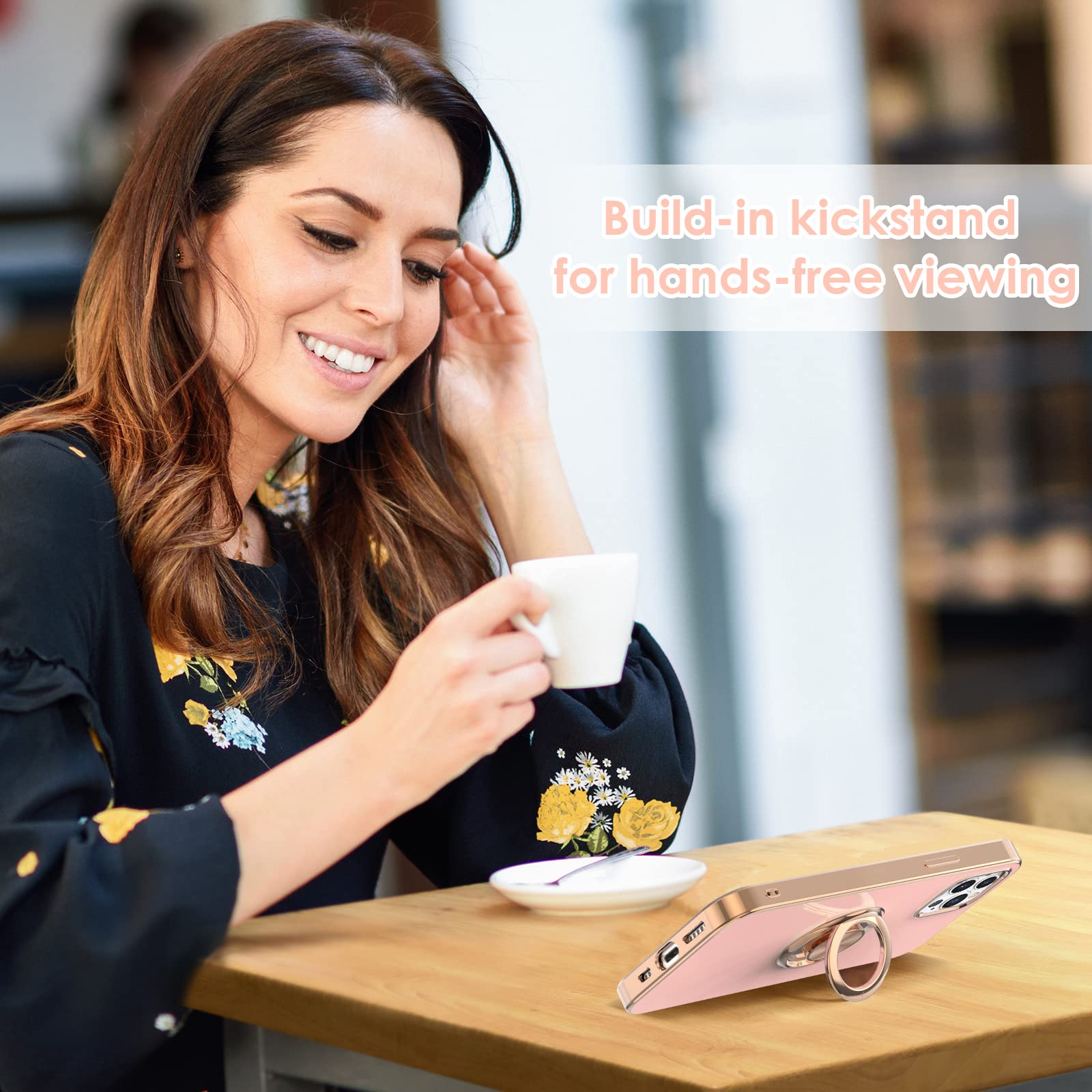 Hython Magnetic Phone Case for iPhone 13 Pro - 360° Rotatable Ring Stand with Kickstand, Rose Gold Plated Edge, Slim Soft TPU Cover (Pink) | Perfect for Car Mounting, Hands-Free Viewing & Everyday Protection