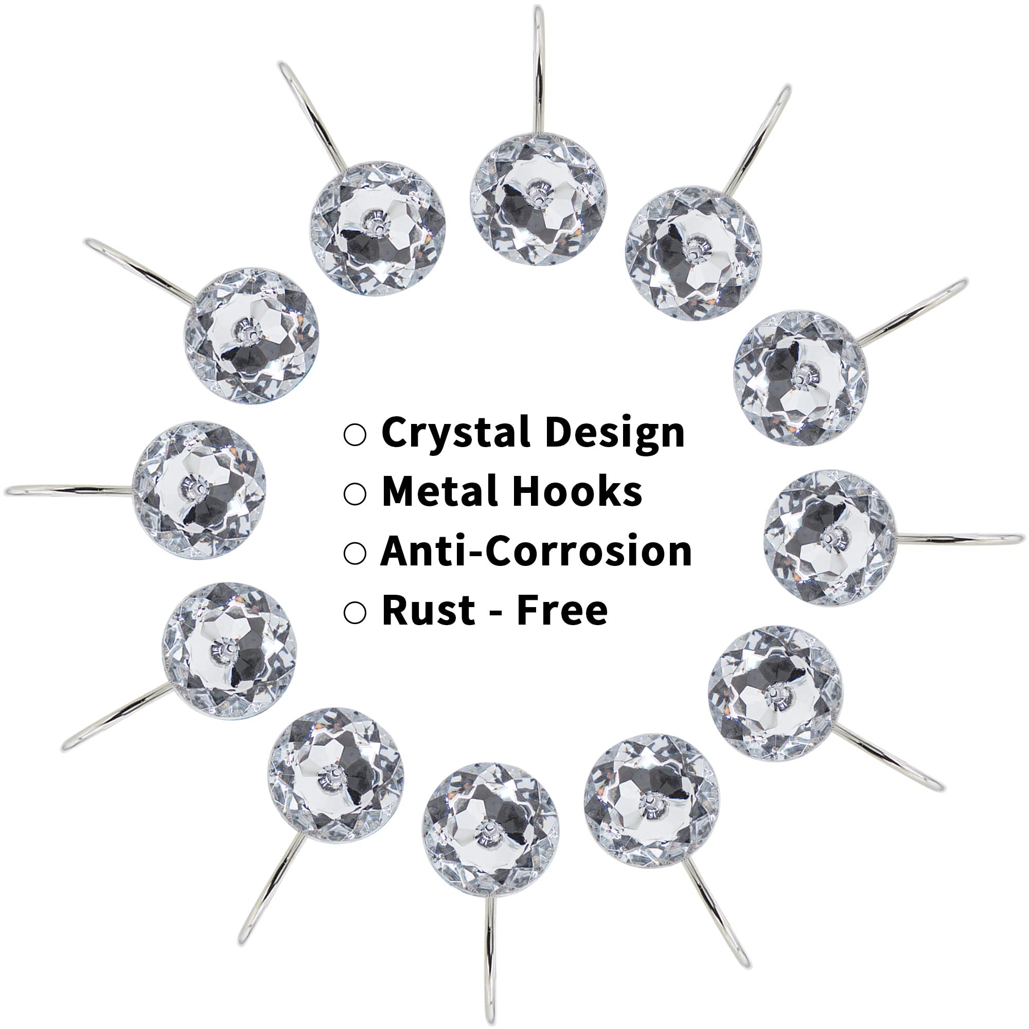 Rust-Proof Silver Shower Curtain Hooks & Rings - 12 Pack White Metal Shower Hooks for Bathroom Curtain Liners & Rods | Durable Bath Accessories for Home, Apartment & Hotel Use