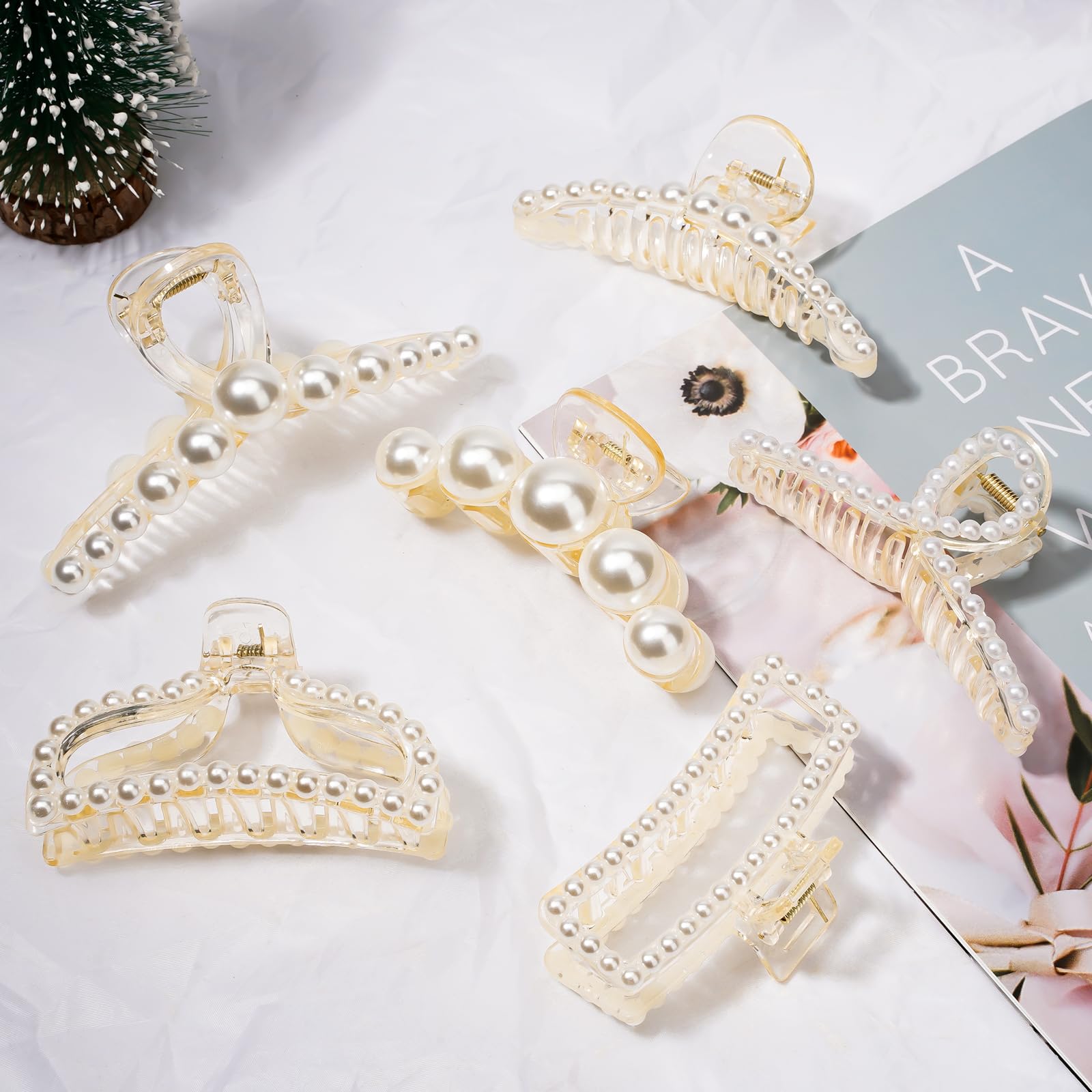 Leezmark Pearl Hair Claw Clips - Large Barrettes for Thin, Thick, Curly & Long Hair - White Jaw Clips Hair Accessories for Women & Girls - Perfect for Work, Weddings & Everyday Styling