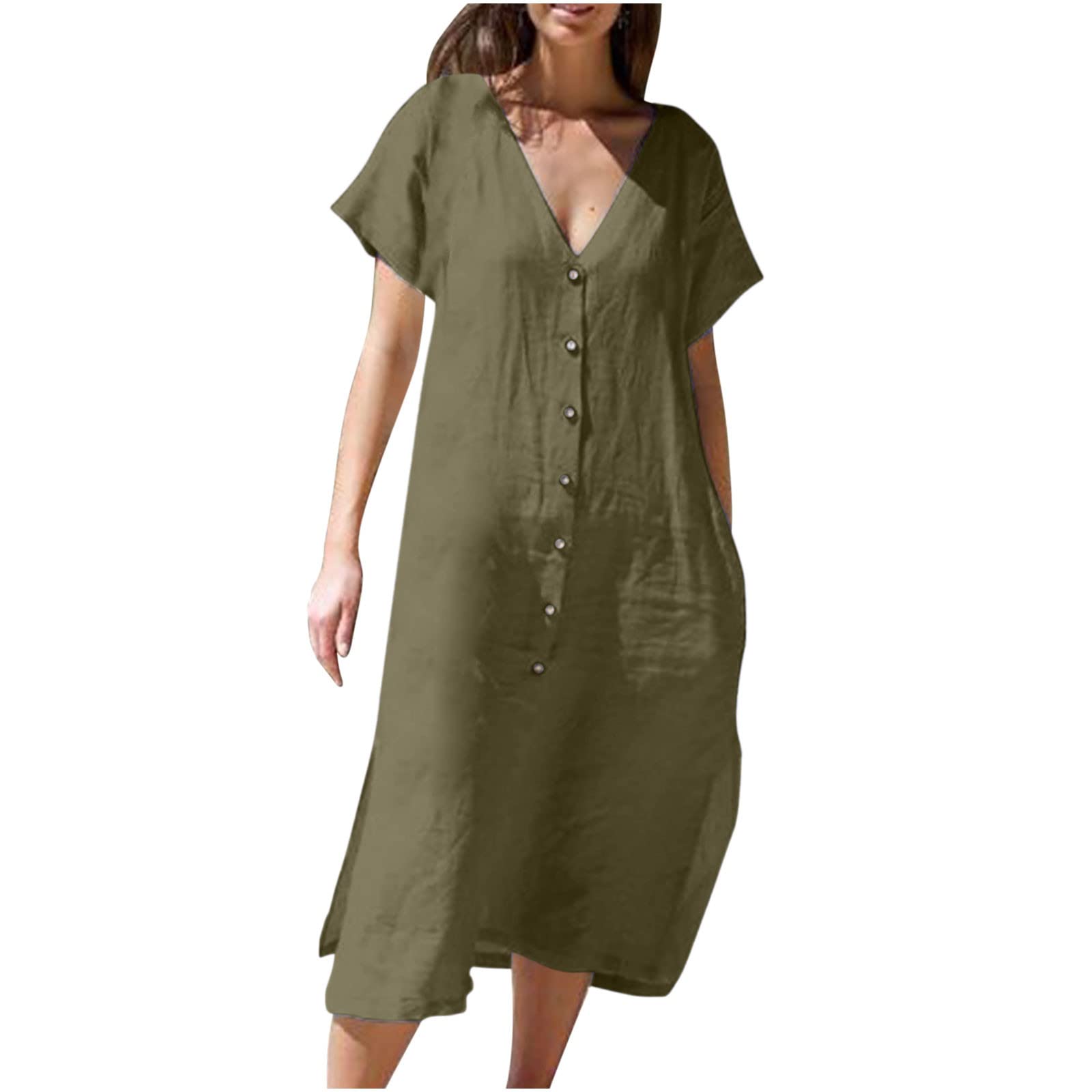 Women's Casual Short Sleeve Smocked Midi T-Shirt Dress with Tie Waist & Pockets - Perfect for Summer Outings, Beach Vacations, and Everyday Wear