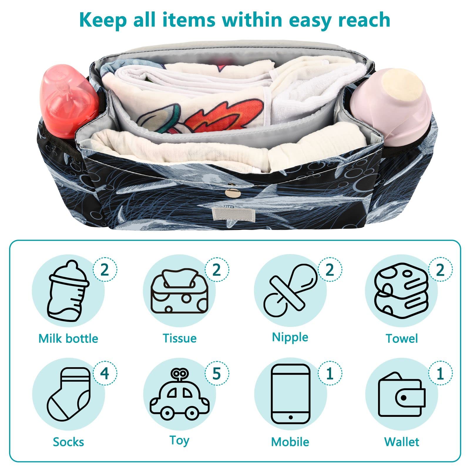 Shark Stroller Organizer with Cup Holders & Zipped Pockets - for Diapers, Bottles & Toys - Perfect for Beach & Park Outings