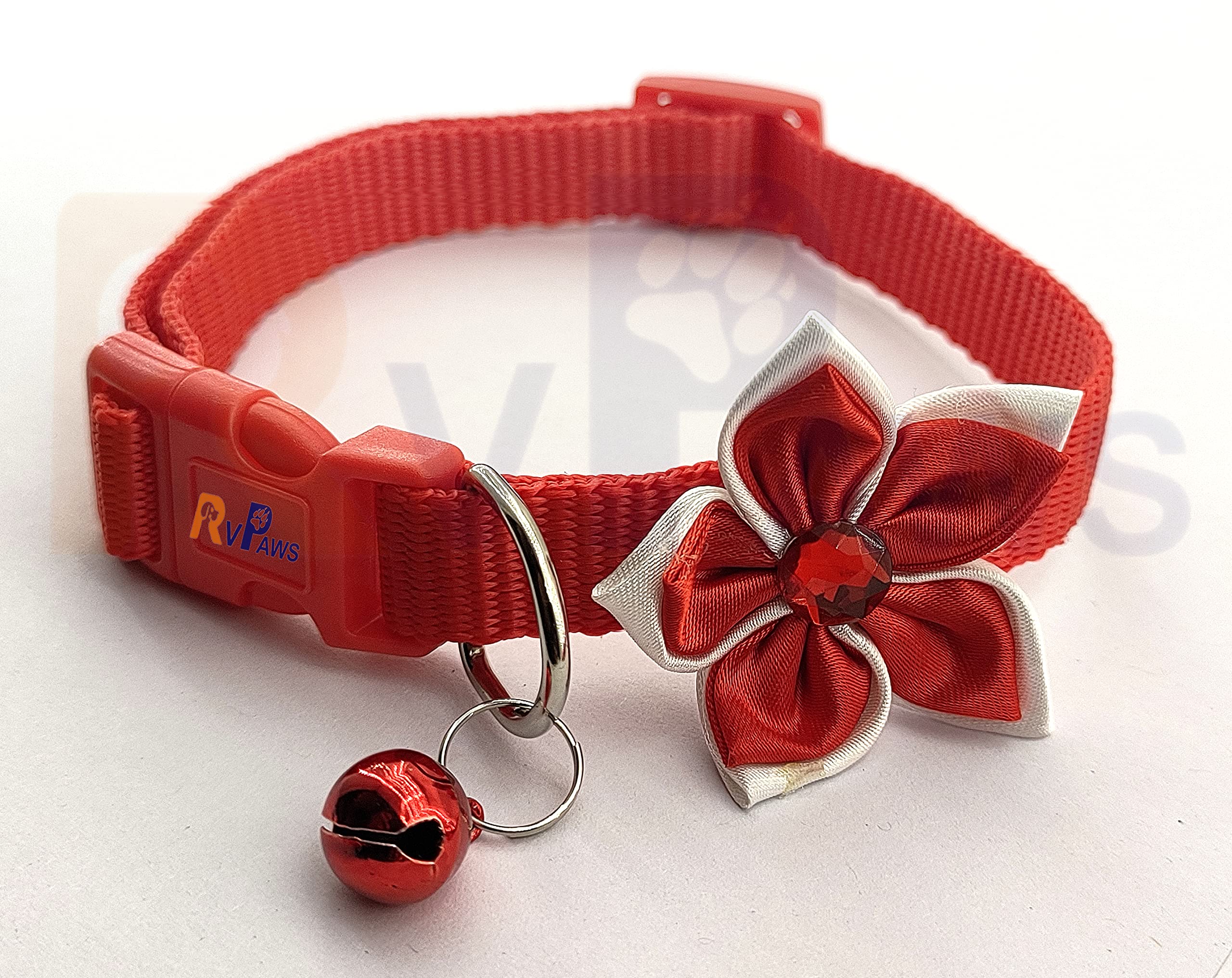 RvPaws Adjustable Dog Collar with Bell & Bow Tie - Cute Safety Collar for Puppies & Small Dogs, Flower Design Pet Collar (X-Small, 10mm, Red) - Perfect for Daily Walks, Grooming & Special Occasions