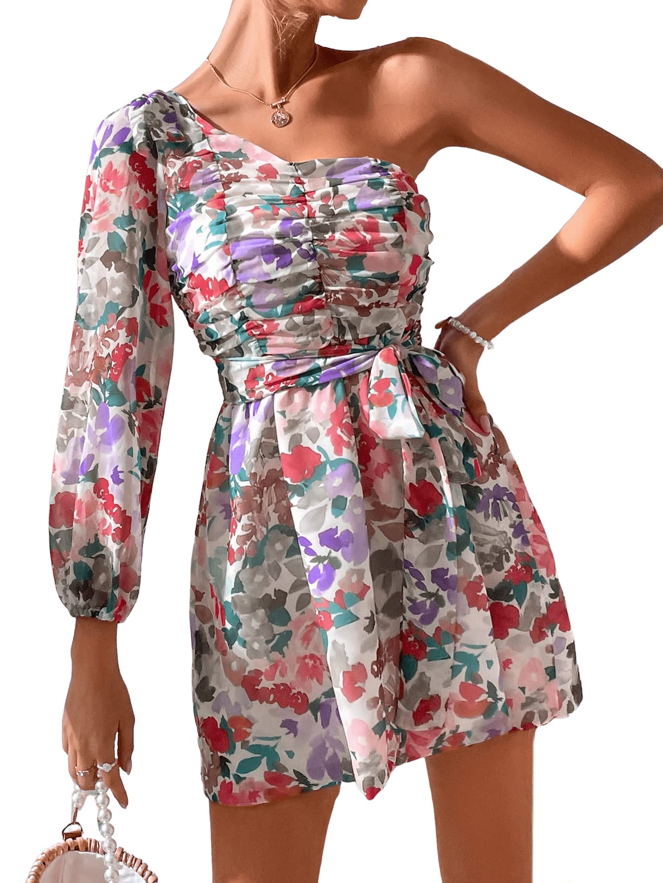 SweatyRocks Women's Floral Print One Shoulder Long Sleeve Ruched Belted A-Line Mini Dress for Party, Date Night & Special Occasions