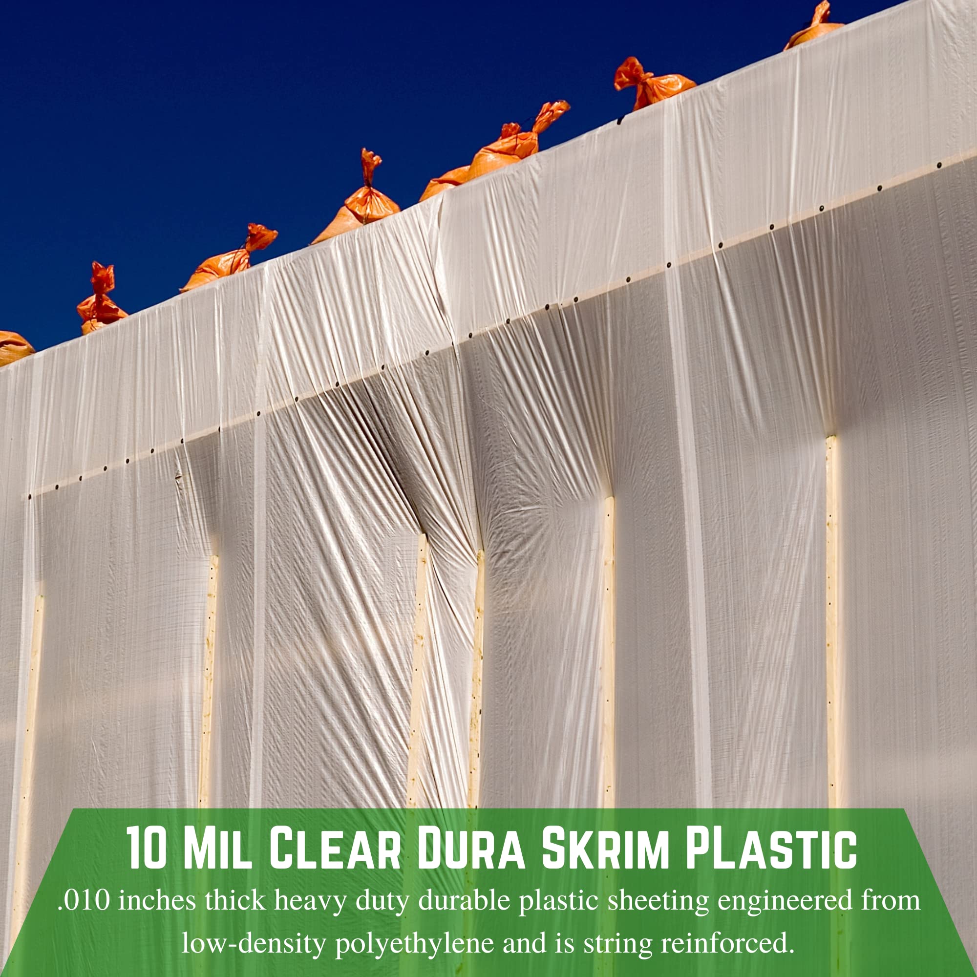 Dura Skrim 10 Mil Clear Reinforced Plastic Sheeting - 32' x 40' UV-Resistant Heavy Duty Polyethylene Film - Tear Proof Construction Vapor Barrier for Roofing, Greenhouse & Crawl Space Protection