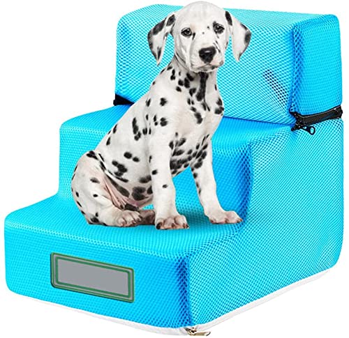 3-Tier Non-Slip Pet Steps for Small Dogs & Cats - Washable Breathable Mesh Dog Stairs for Bed - Portable Pet Climbing Ladder for Senior Pets (Blue) | Perfect for Bed/Couch Access & Home Mobility Assistance