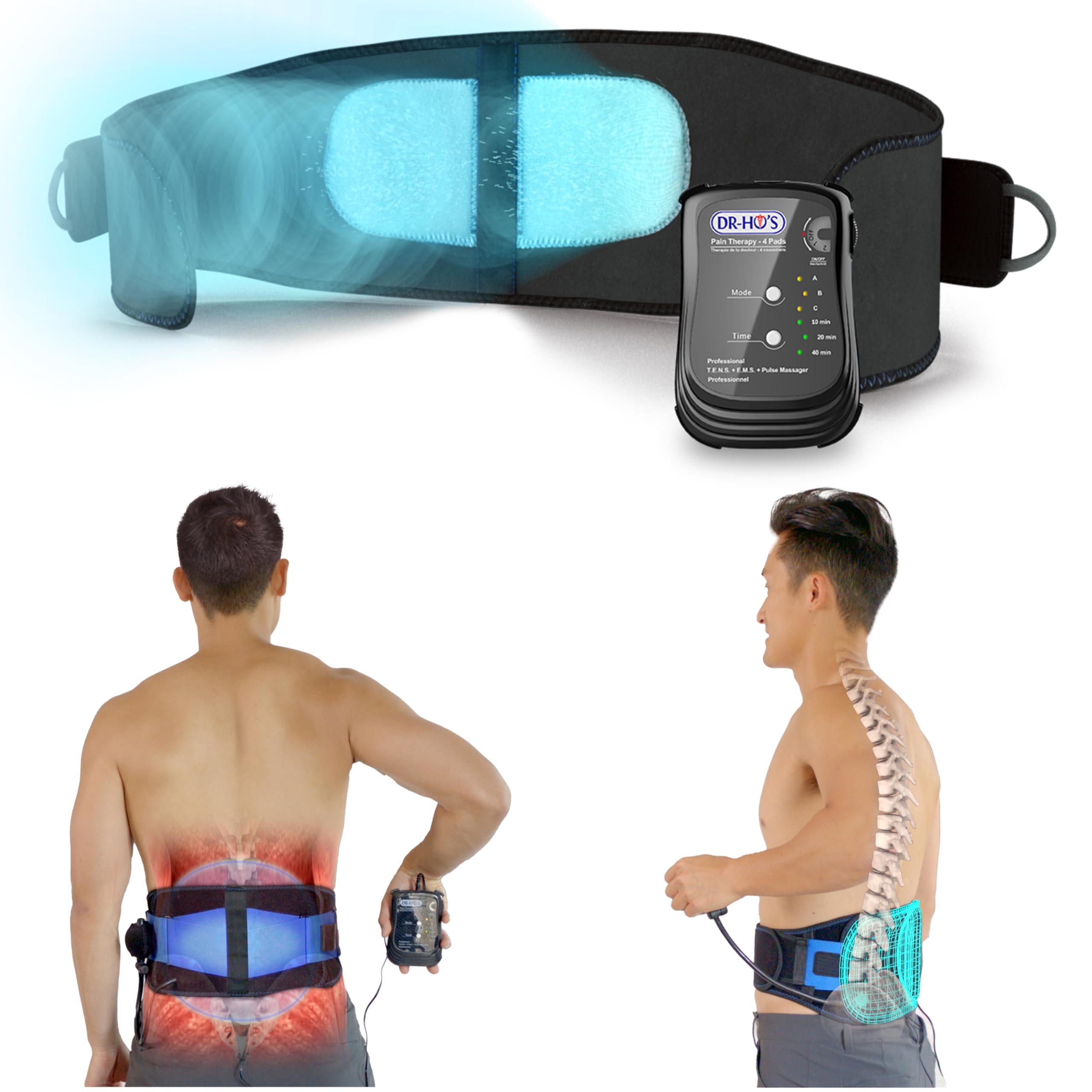 Dr Ho's Triple Action Back Belt - TENS & EMS Muscle Stimulator for Lower Back Pain Relief, Adjustable Therapy Belt for Home & Office Use