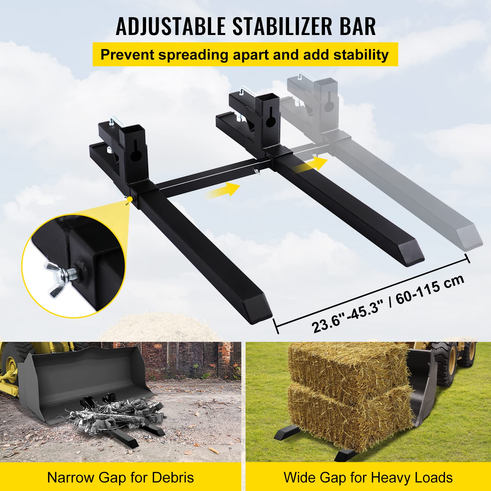 BestEquip 4000 Lbs Capacity Clamp-On Pallet Forks for Tractor Bucket - Heavy Duty Adjustable Stabilizer Bar, 58.7