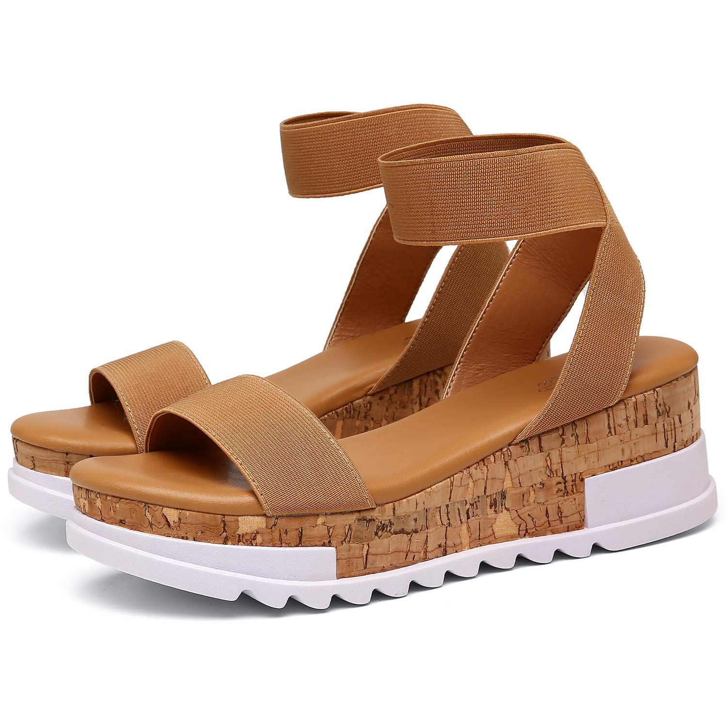Katliu Women's Wedge Platform Sandals with Elastic Ankle Strap & Cork Sole - Comfortable Summer Beach Shoes for Walking, Travel and Casual Outfits