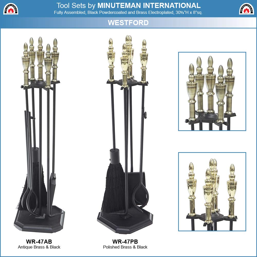 Westford Fireplace Tool Set - Polished Brass & Black Fireplace Accessories for Indoor & Outdoor Fire Pits, Fireplaces, and Wood Stoves