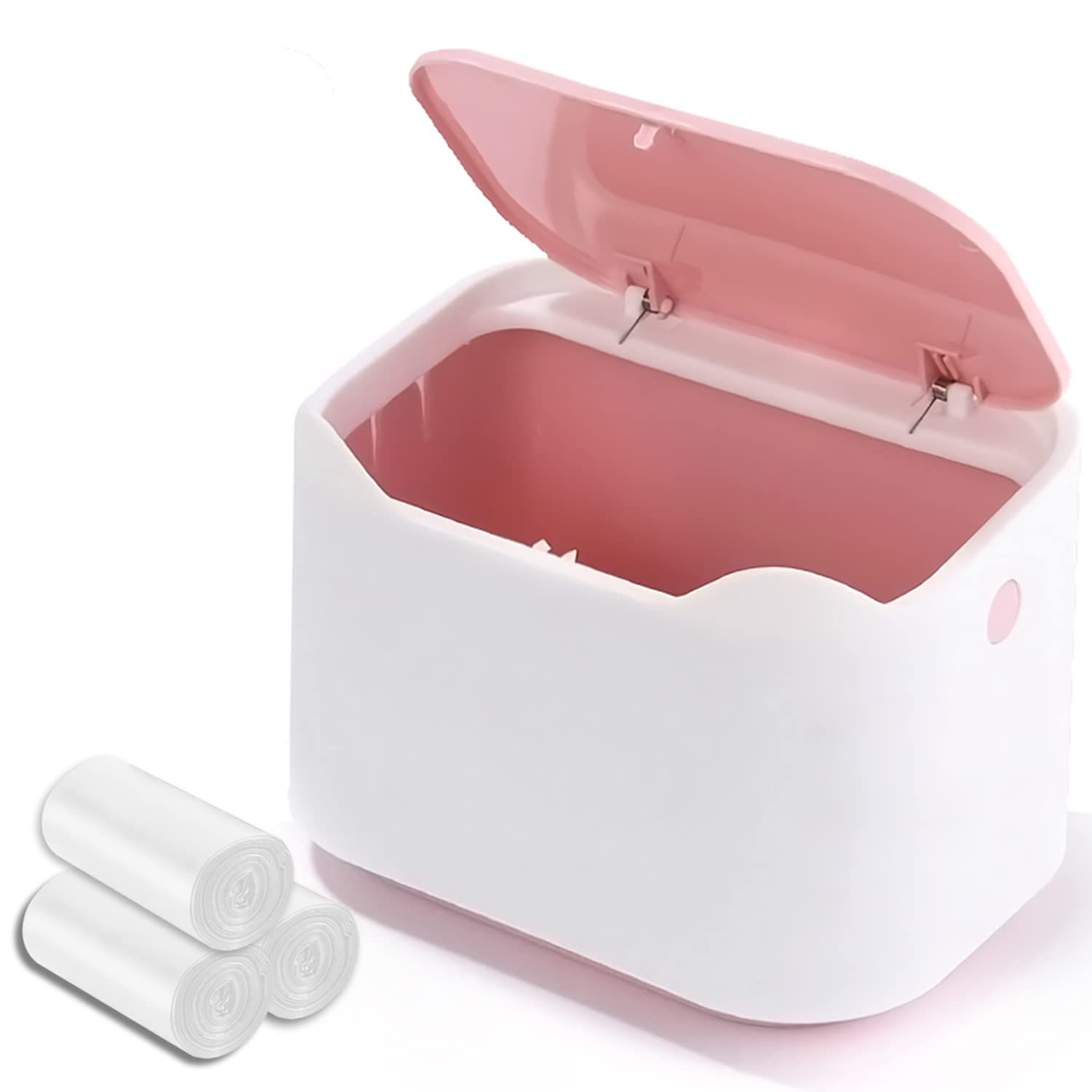 Small Desk Trash Can with Lid - Mini Portable Table Waste Bin for Home, Office, Kitchen, Bathroom & Car - Pink & White Desktop Dustbin for Paper, Snacks & Daily Trash Disposal