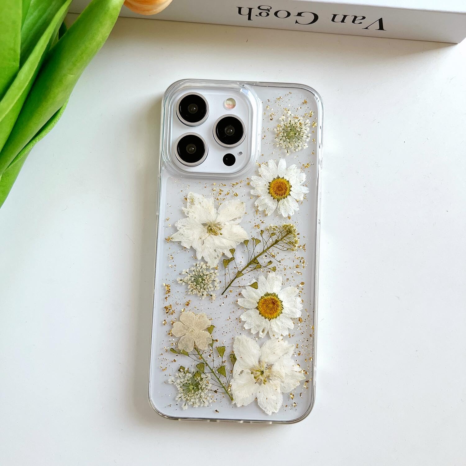 Premium Clear iPhone 15 Pro Max Case with Pressed Real Flowers & Glitter - Slim Soft TPU Protective Cover with Elegant White Floral Design for Women | Perfect for Everyday Use, Gift Giving & Fashion Accessories