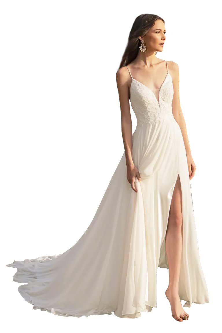 Boho Lace Wedding Dress for Women - Elegant Spaghetti Strap Bridal Gown with High Slit | Perfect for Beach, Garden & Destination Weddings
