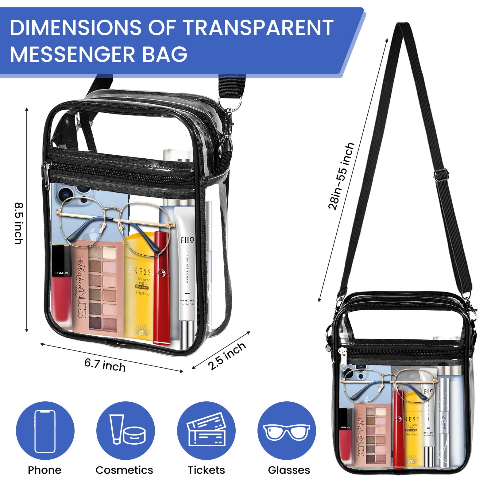 Clear Crossbody Purse for Women - Stadium Approved Small Shoulder Bag for Sports Events & Concerts - Unisex-Adults Sports Fans Essential Accessory - Perfect for Game Days, Music Festivals & Travel