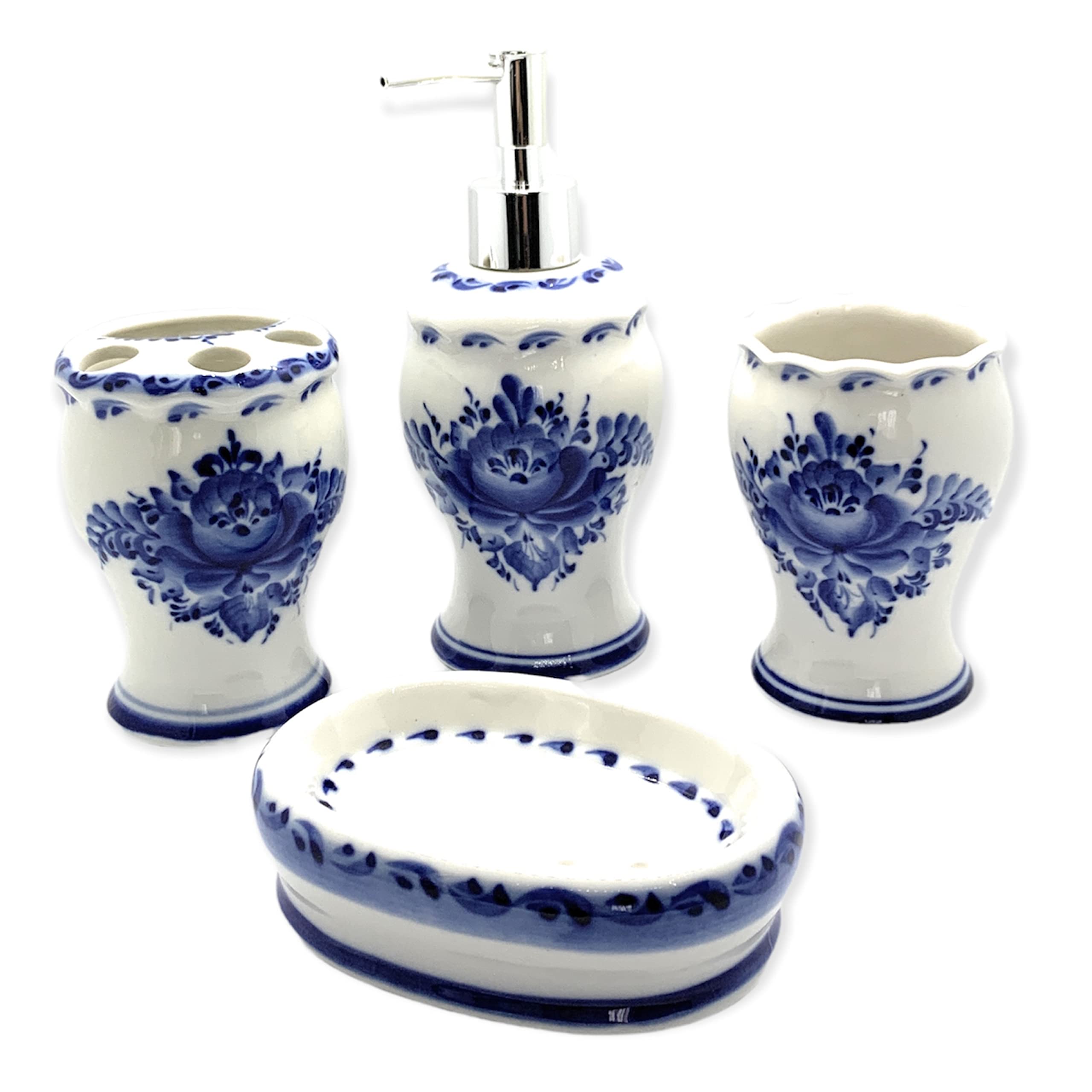 Premium Porcelain Bathroom Accessory Set - White & Blue 4-Piece Kit (Soap Dispenser, Toothbrush Holder, Cups & Soap Dish) | Modern Bathroom Decor for Home, Hotel & Spa Use