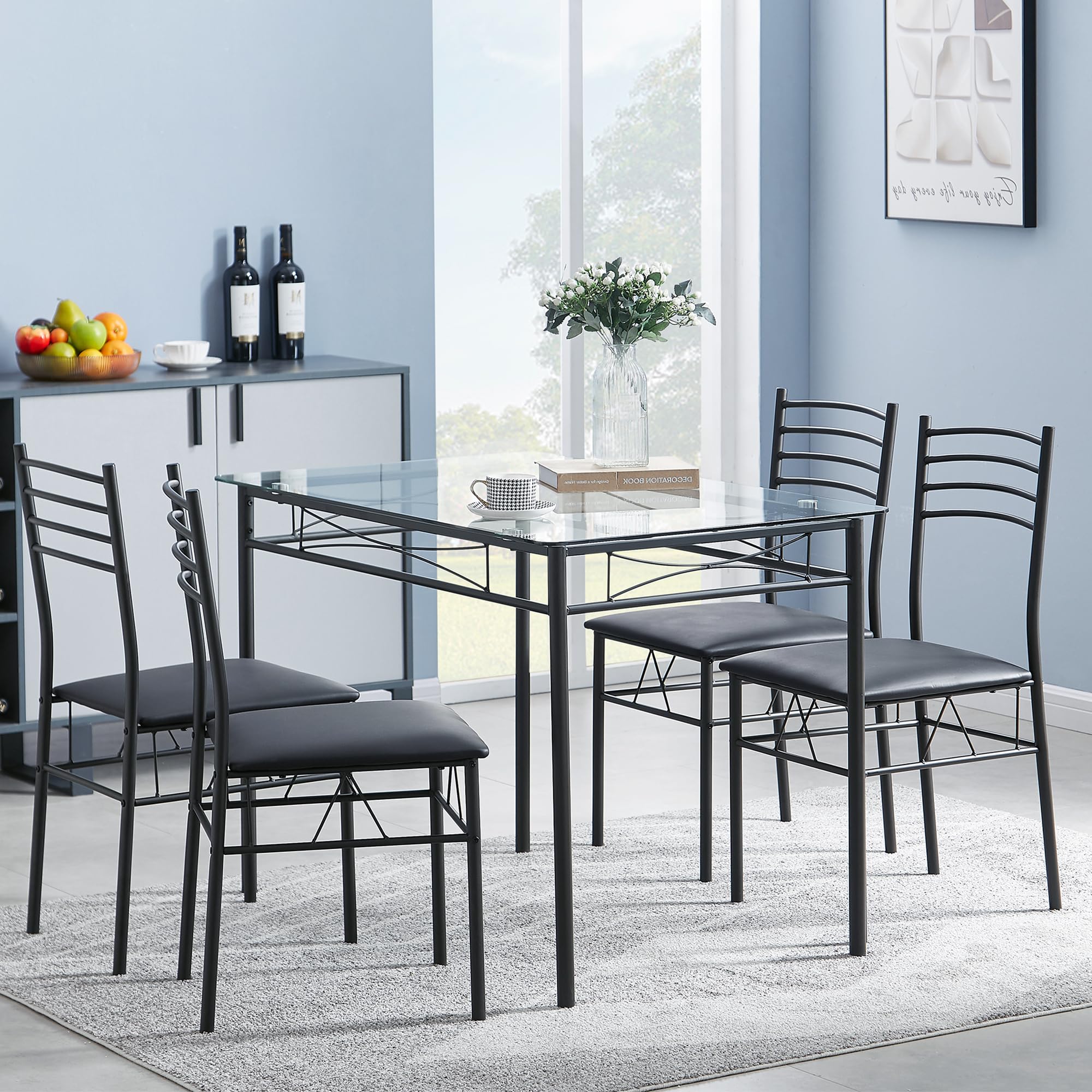 VECELO 5-Piece Kitchen Dining Set with Table & Chairs | Space-Saving Matte Black Dinette | Includes 4 Placemats | Perfect for Small Apartments, Breakfast Nooks & Compact Dining Areas