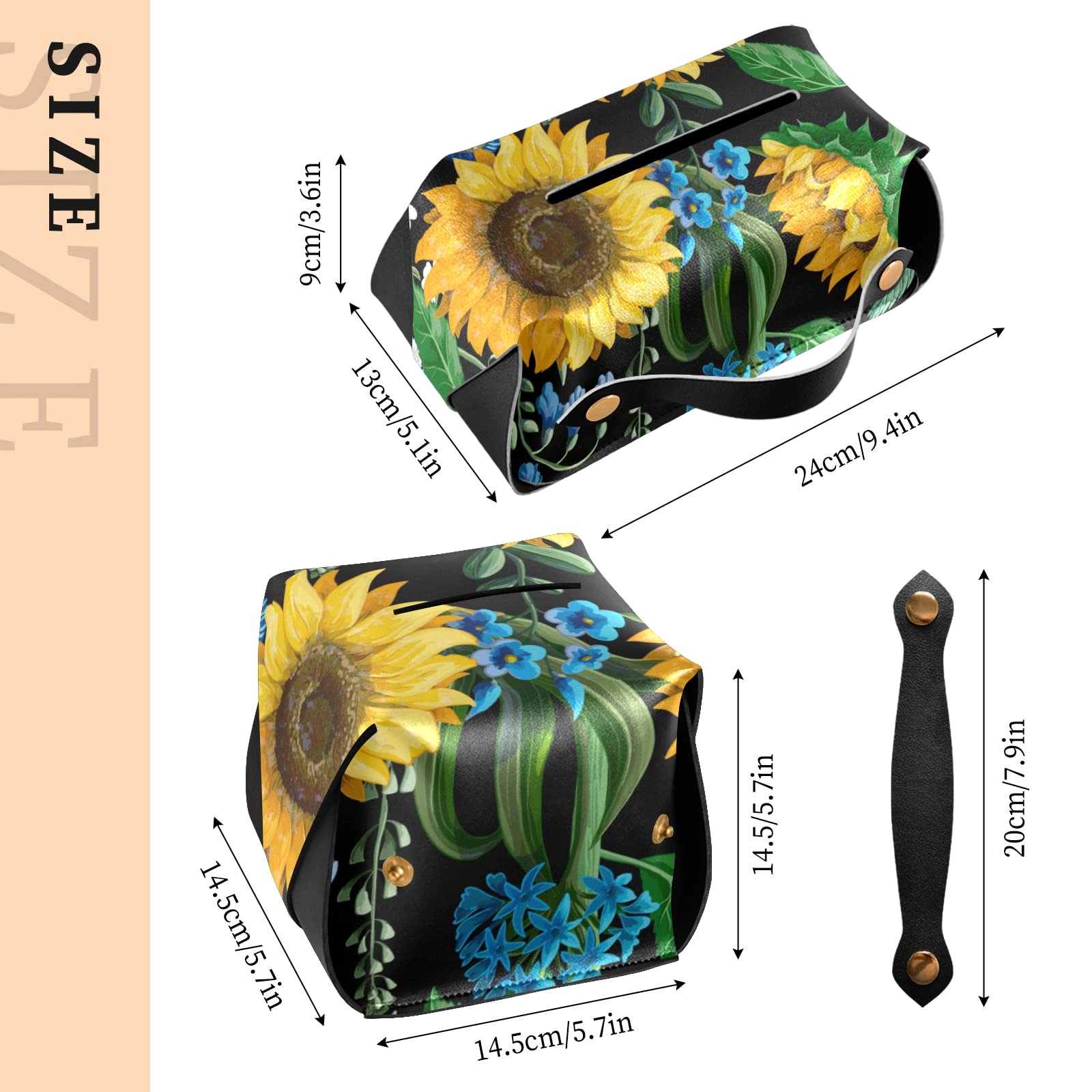 **Seamless Black Leather Tissue Box Cover with Yellow Sunflowers & Green Leaves - 5.7x5.7x5.7 in - Perfect for Bathroom, Home, Office Desk, Nightstand & Car**    *(Use Case: Stylish & functional tissue box cover for home decor, bathroom essentials, office organization, or car accessories.)*