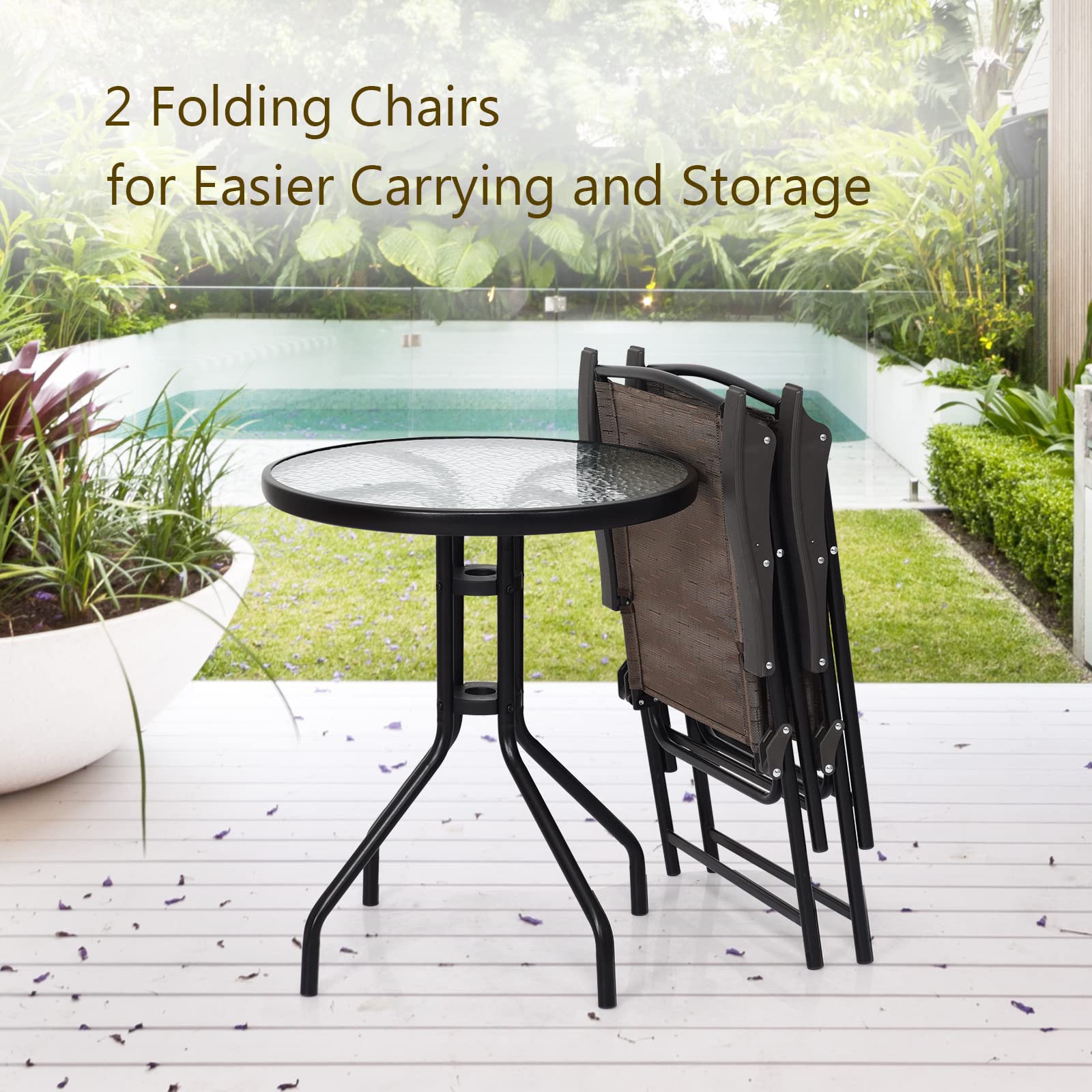 LUARANE 3-Piece Outdoor Bistro Set - Folding Patio Table & 2 Chairs with Textured Glass Top - Perfect for Balcony, Porch, Backyard, Garden & Small Outdoor Spaces | Ideal for Morning Coffee, Relaxing & Entertaining Guests