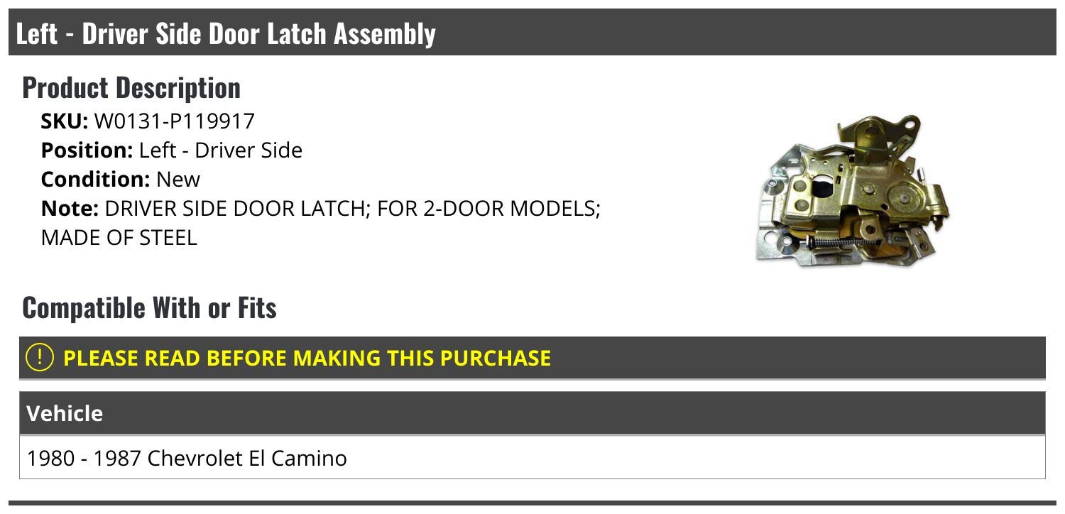 Chevy El Camino Left Driver Side Door Latch Assembly Replacement Part - Fits 1980-1987 Models | Durable OEM Style Door Lock Mechanism for Classic Car Restoration & Repair