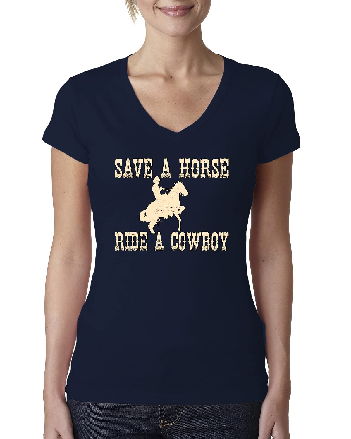 Save A Horse Ride A Cowboy Women's V-Neck T-Shirt - Soft Junior Fit Tee for Concerts, Parties & Western Style Outfits